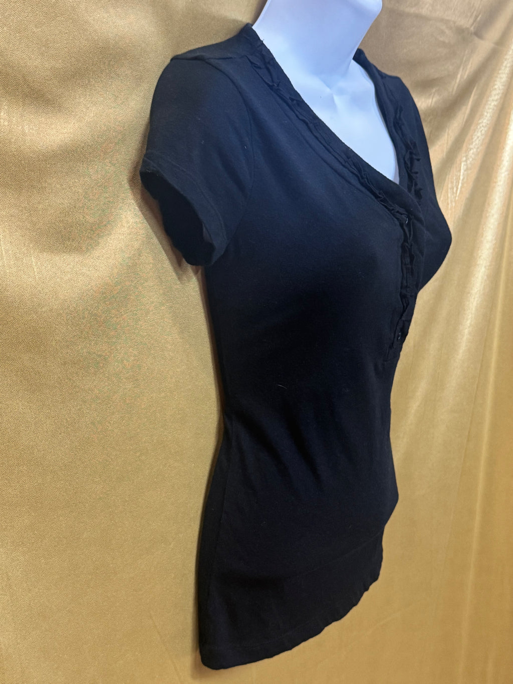 Merona Black Ruffle V-Neck Henley Blouse - Size XS (100% Cotton)