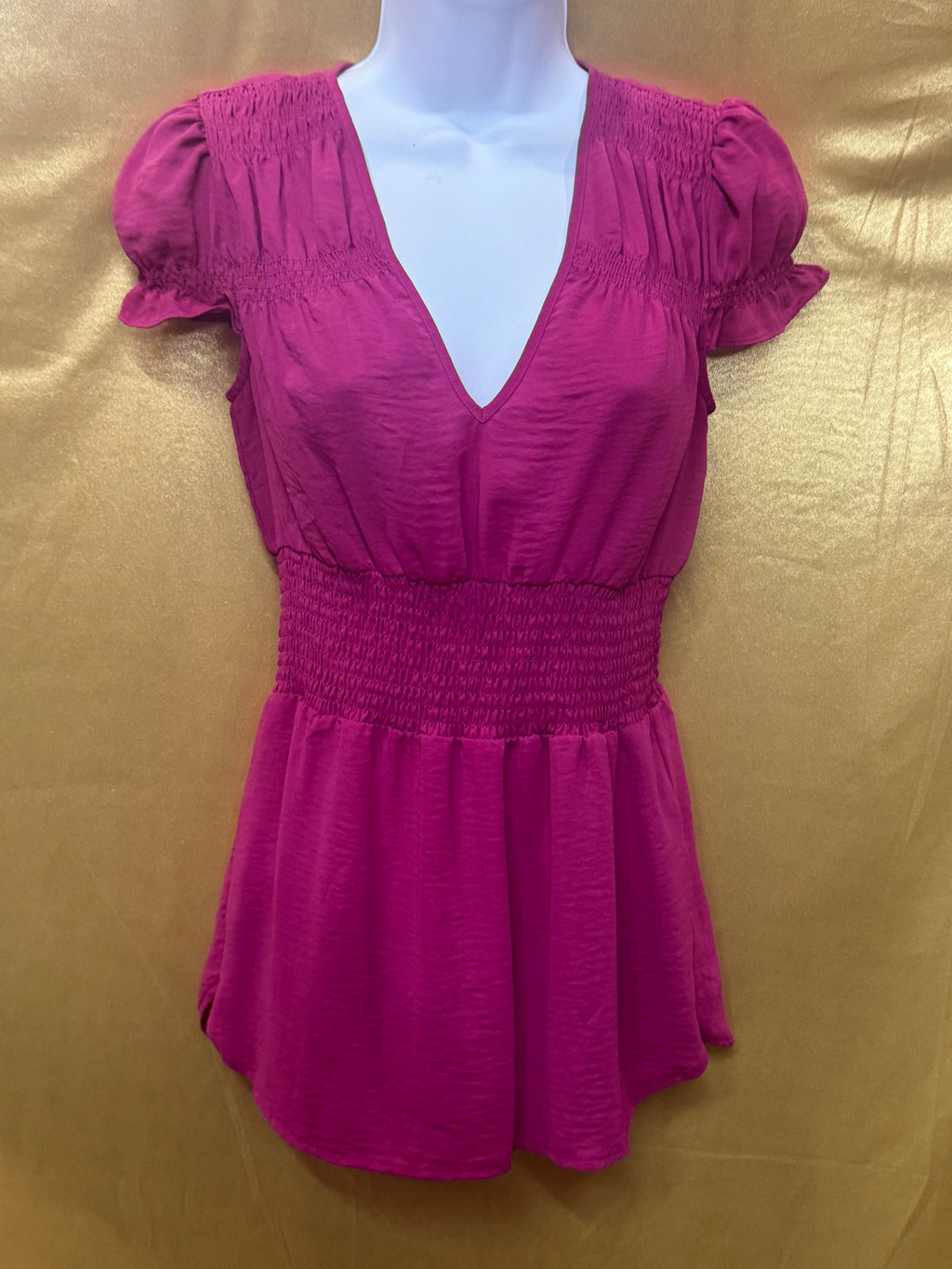 Banana Republic Magenta V-Neck Smocked Waist Blouse - Size XS