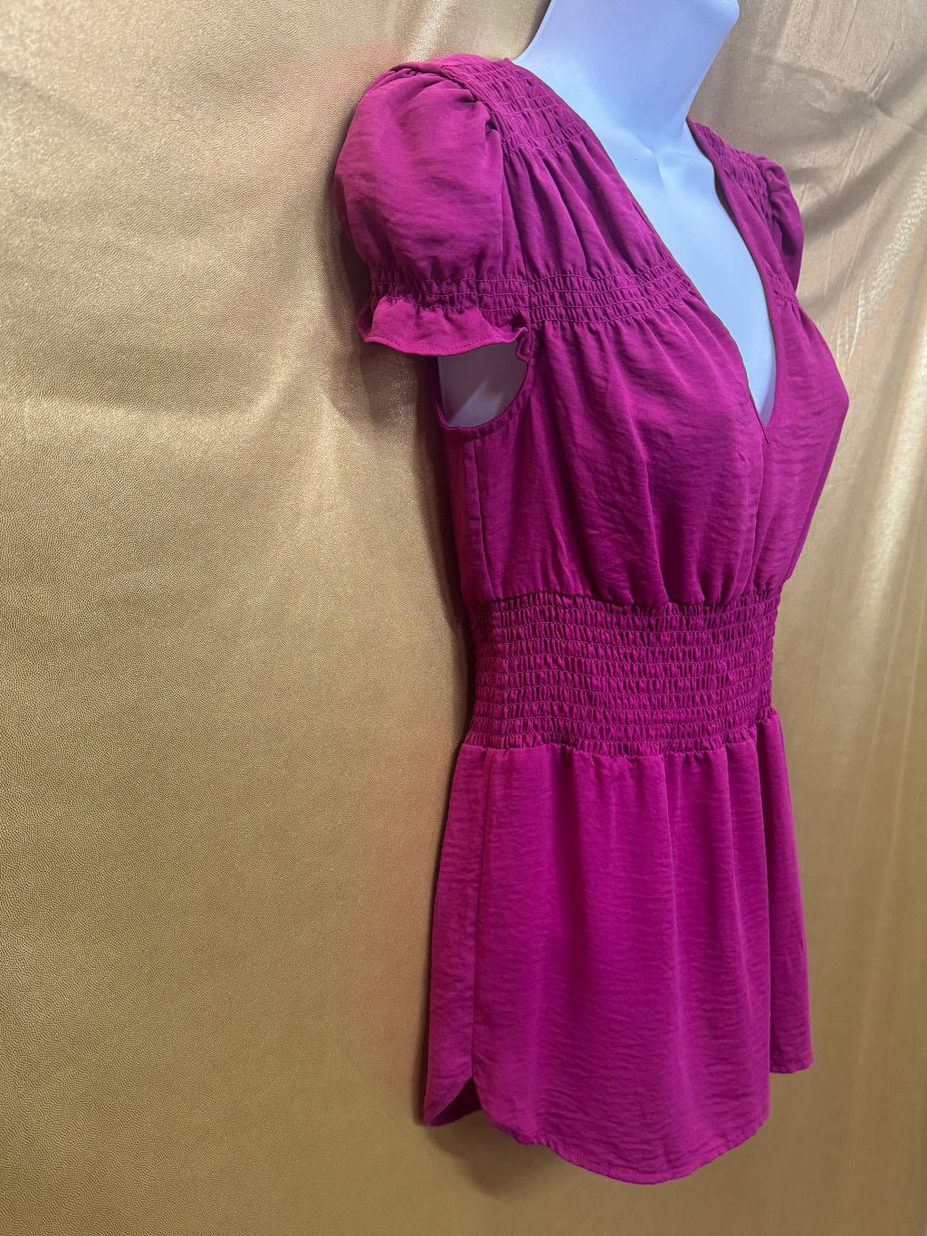 Banana Republic Magenta V-Neck Smocked Waist Blouse - Size XS
