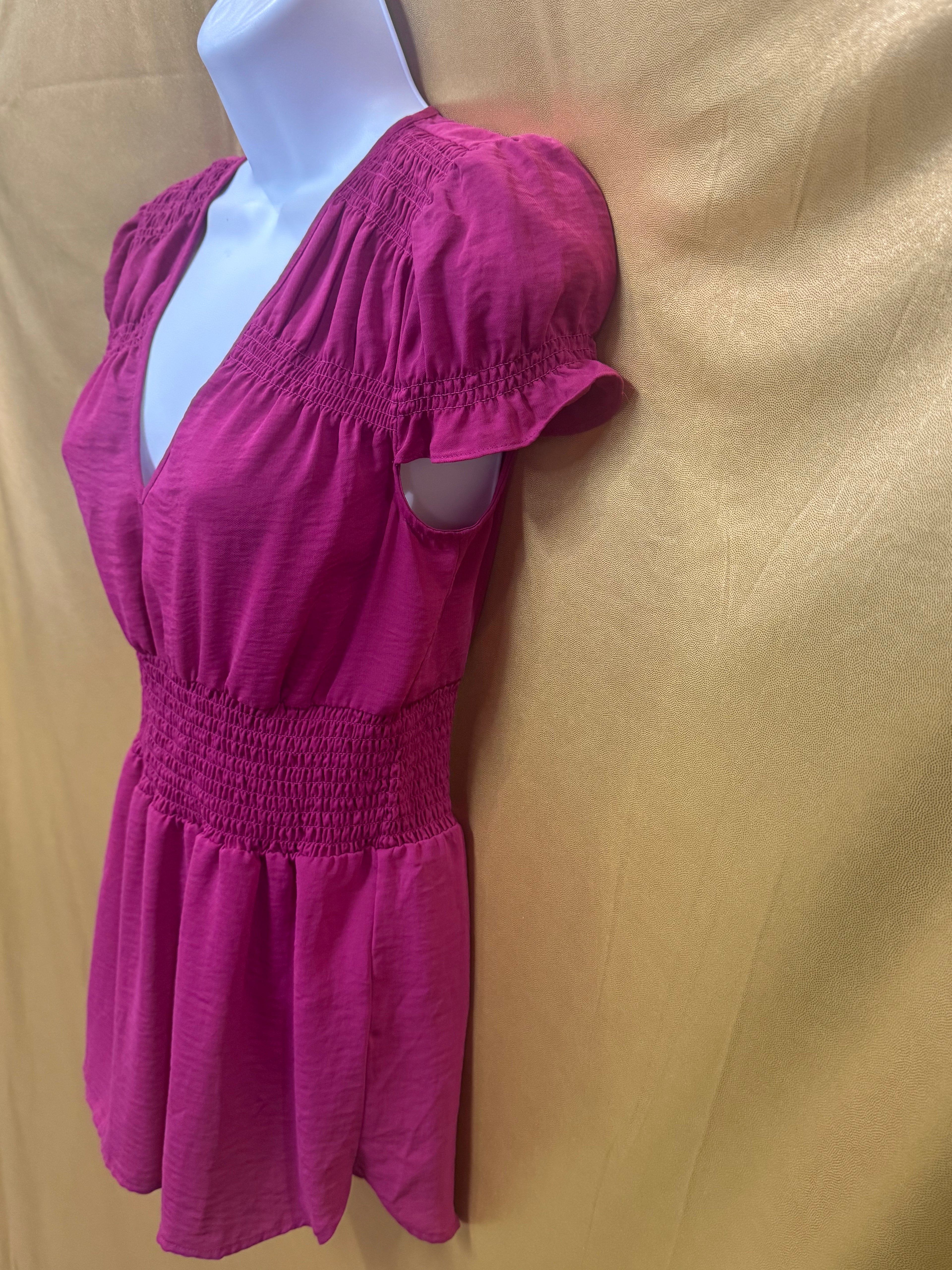 Banana Republic Magenta V-Neck Smocked Waist Blouse - Size XS