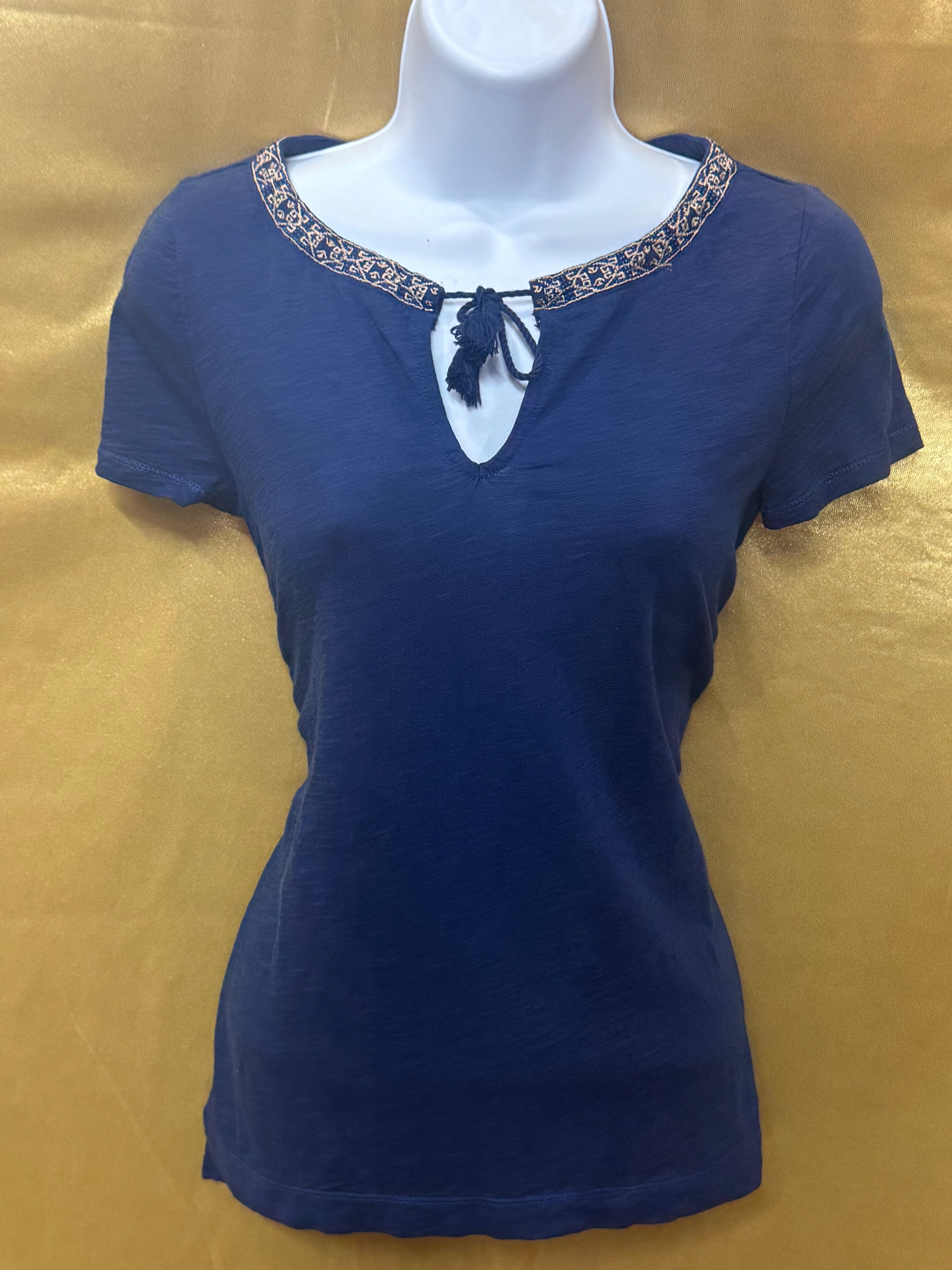 LRL Lauren Jeans Co. Ralph Lauren Blue Cotton Tassel Keyhole Top Size XS