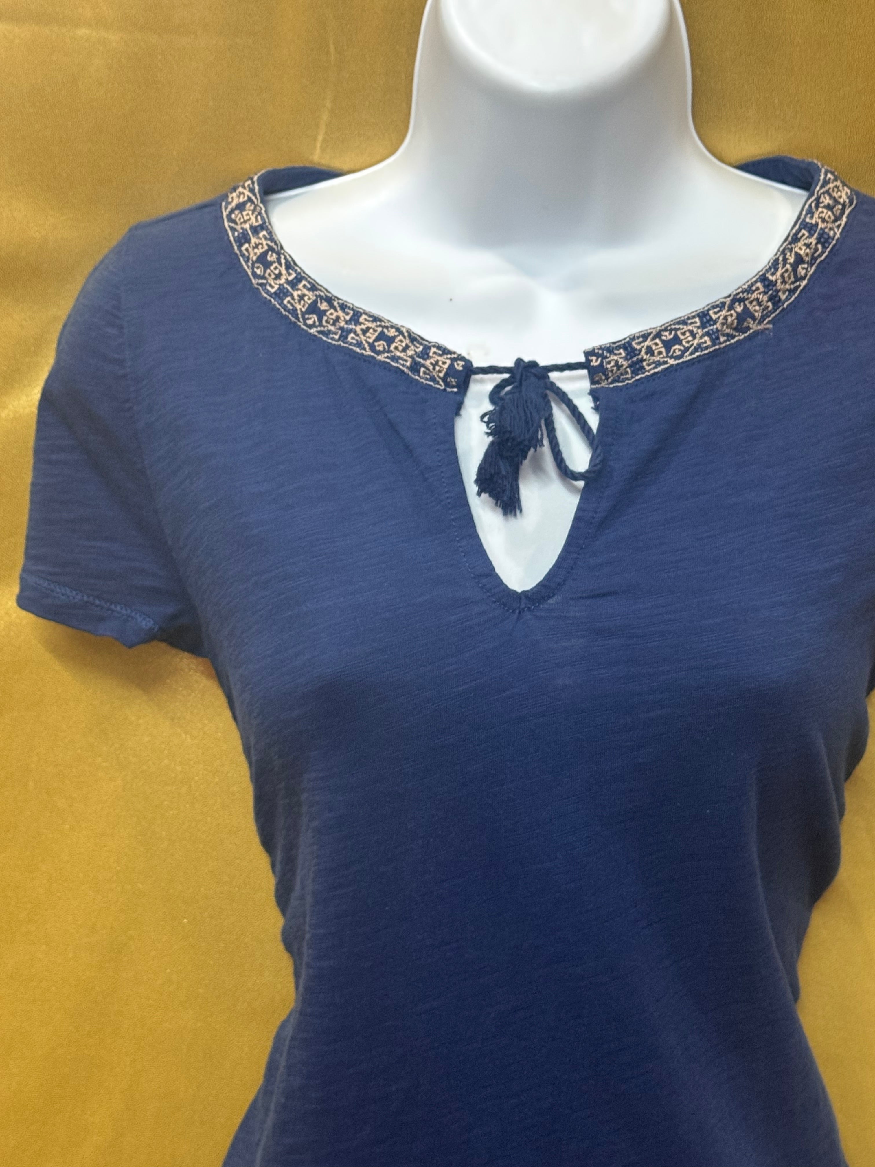 LRL Lauren Jeans Co. Ralph Lauren Blue Cotton Tassel Keyhole Top Size XS