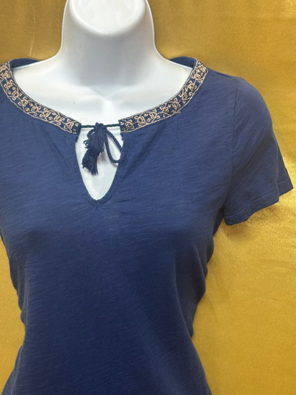 LRL Lauren Jeans Co. Ralph Lauren Blue Cotton Tassel Keyhole Top Size XS