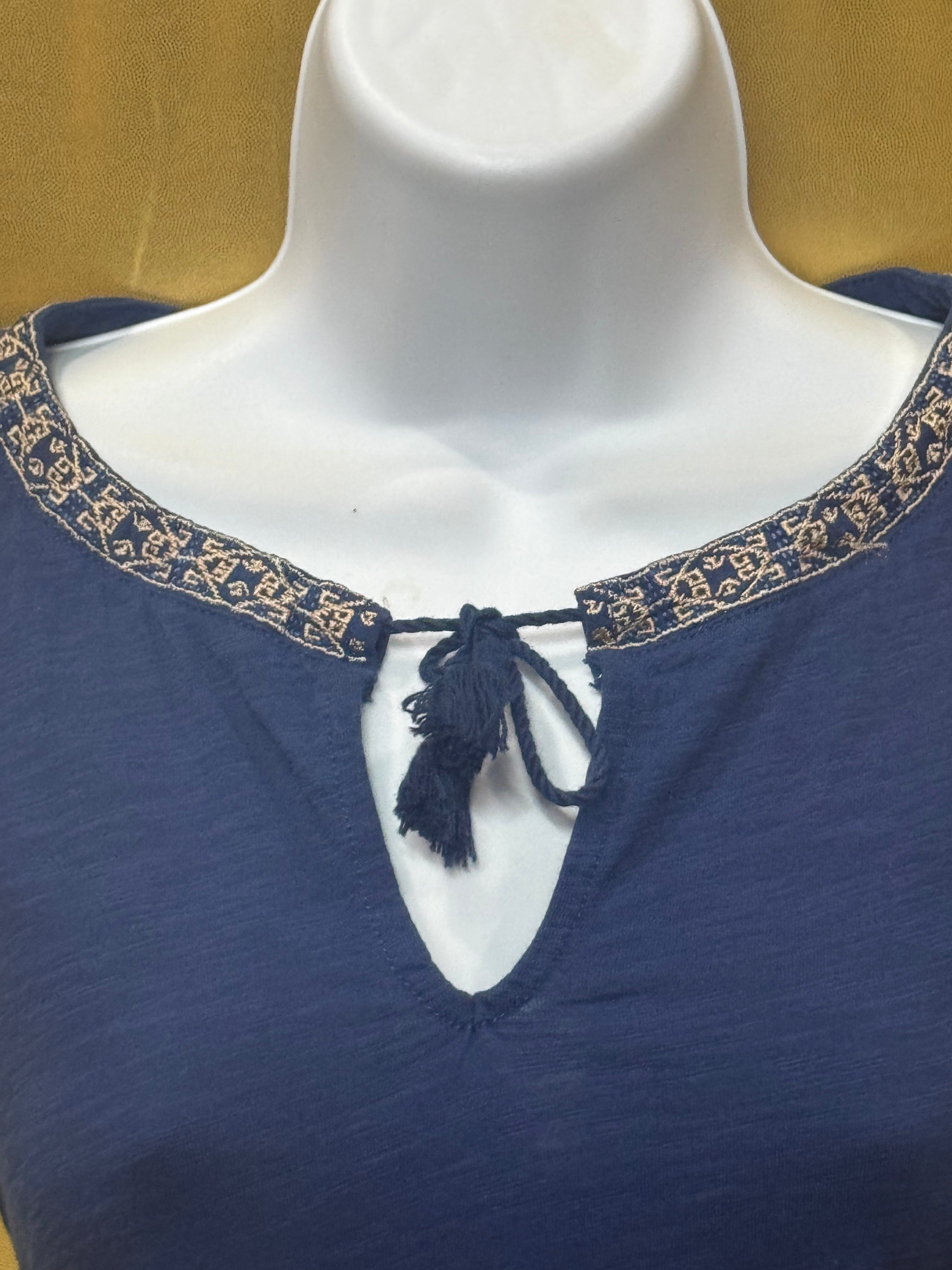LRL Lauren Jeans Co. Ralph Lauren Blue Cotton Tassel Keyhole Top Size XS
