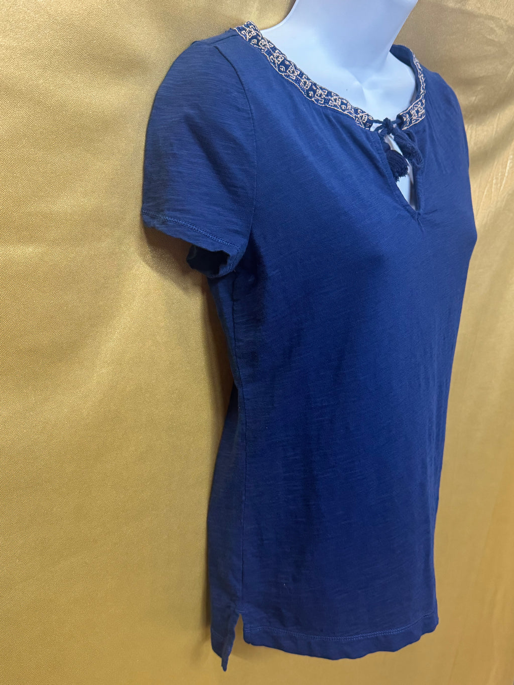 LRL Lauren Jeans Co. Ralph Lauren Blue Cotton Tassel Keyhole Top Size XS