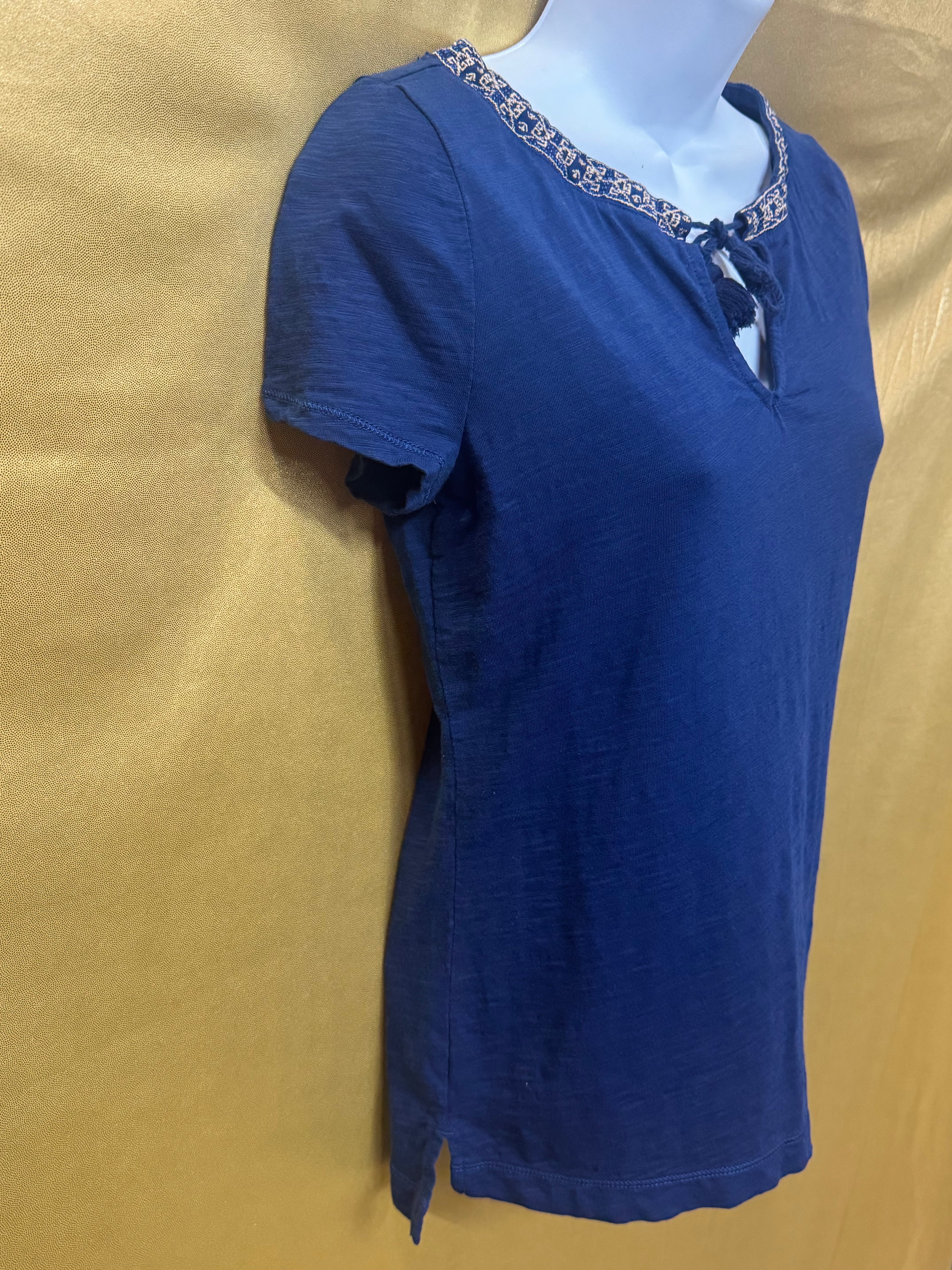 LRL Lauren Jeans Co. Ralph Lauren Blue Cotton Tassel Keyhole Top Size XS