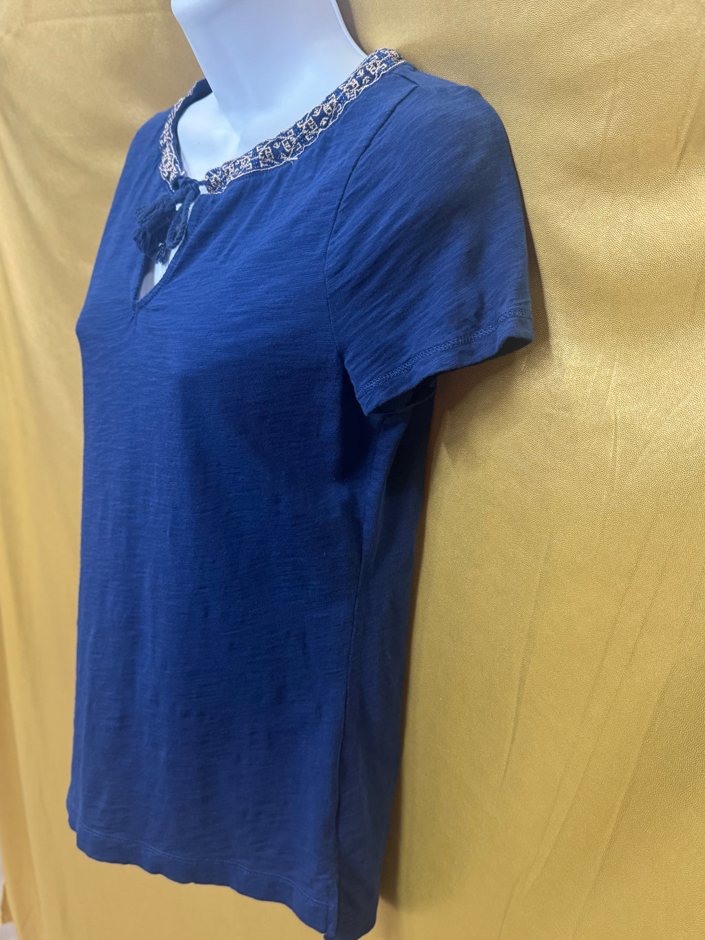 LRL Lauren Jeans Co. Ralph Lauren Blue Cotton Tassel Keyhole Top Size XS