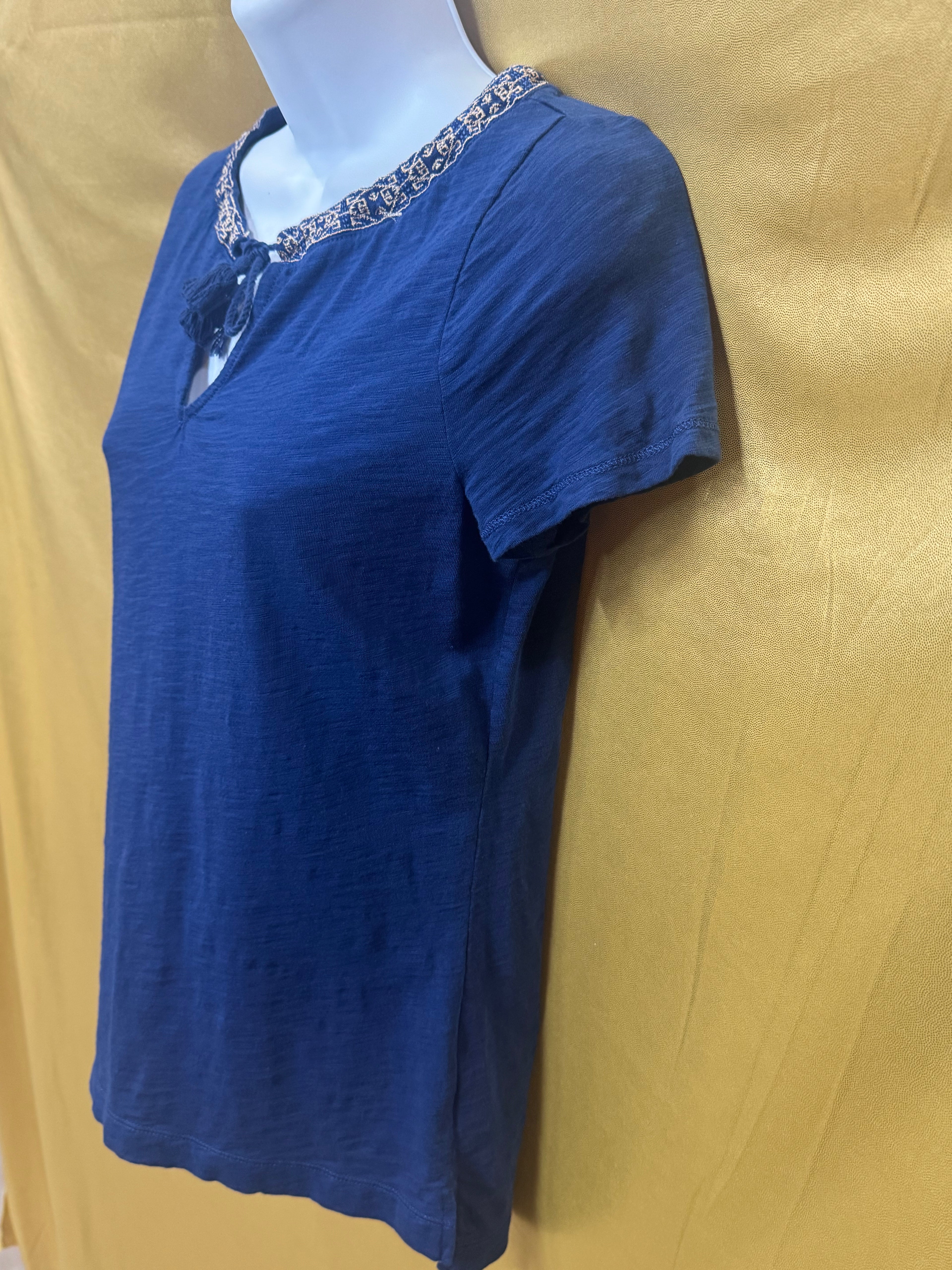 LRL Lauren Jeans Co. Ralph Lauren Blue Cotton Tassel Keyhole Top Size XS