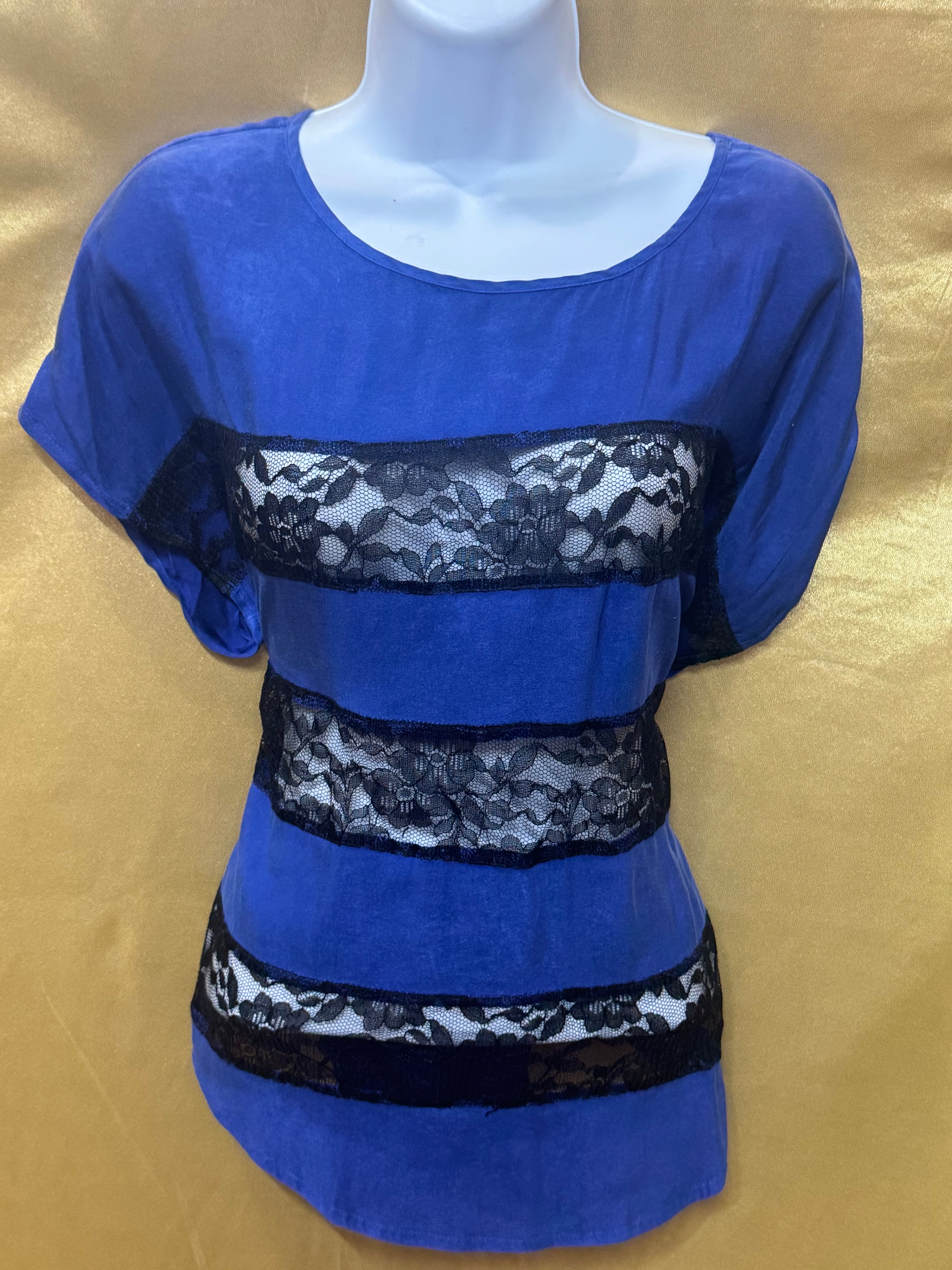 Express Royal Blue Lace Stripe Short Sleeve Blouse Size XS
