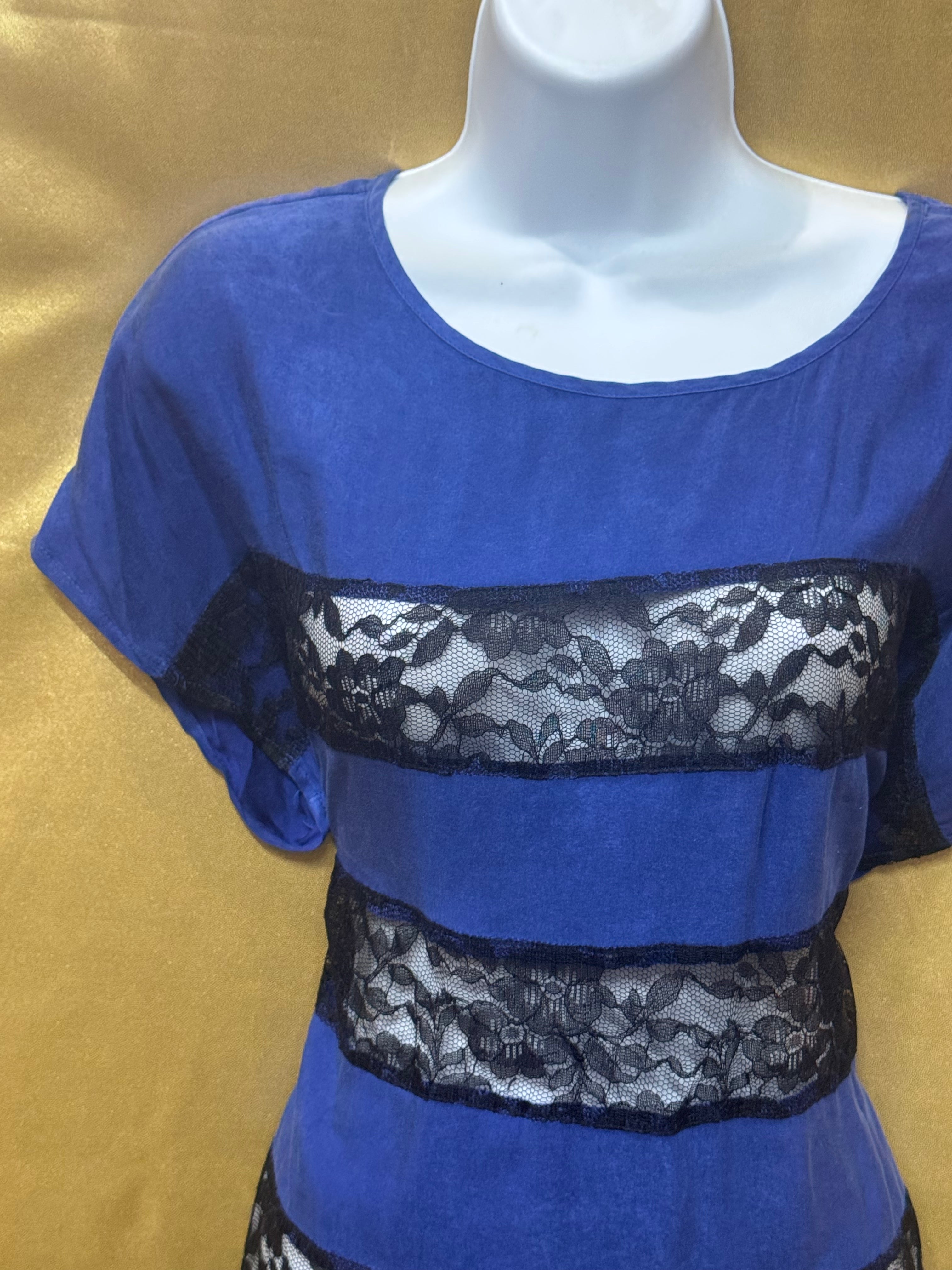 Express Royal Blue Lace Stripe Short Sleeve Blouse Size XS