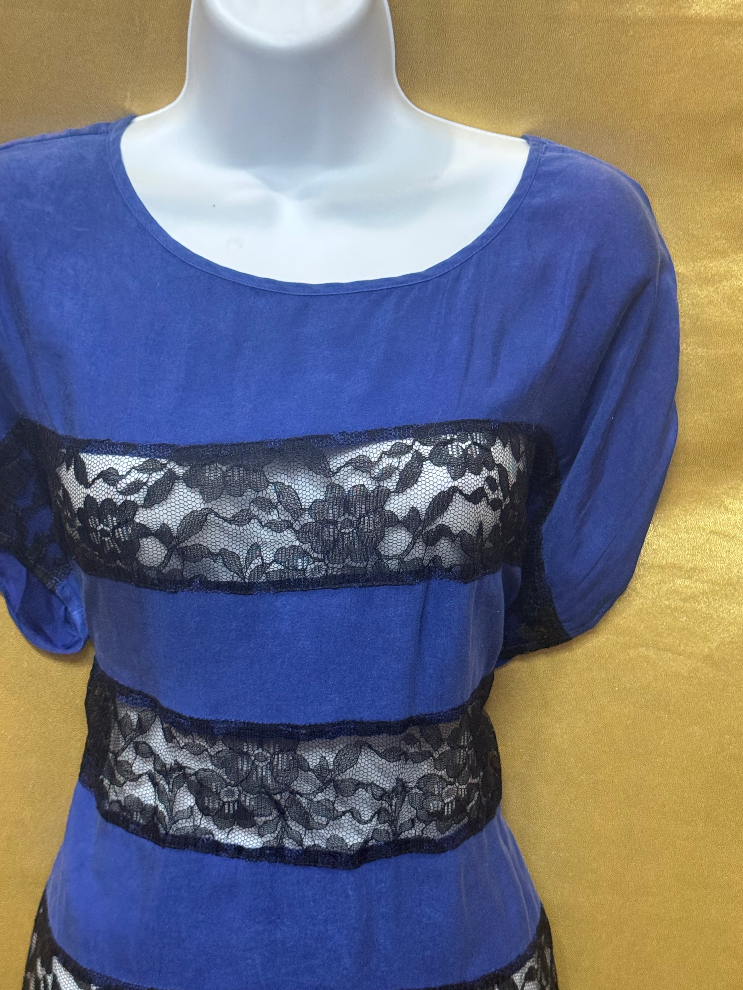 Express Royal Blue Lace Stripe Short Sleeve Blouse Size XS