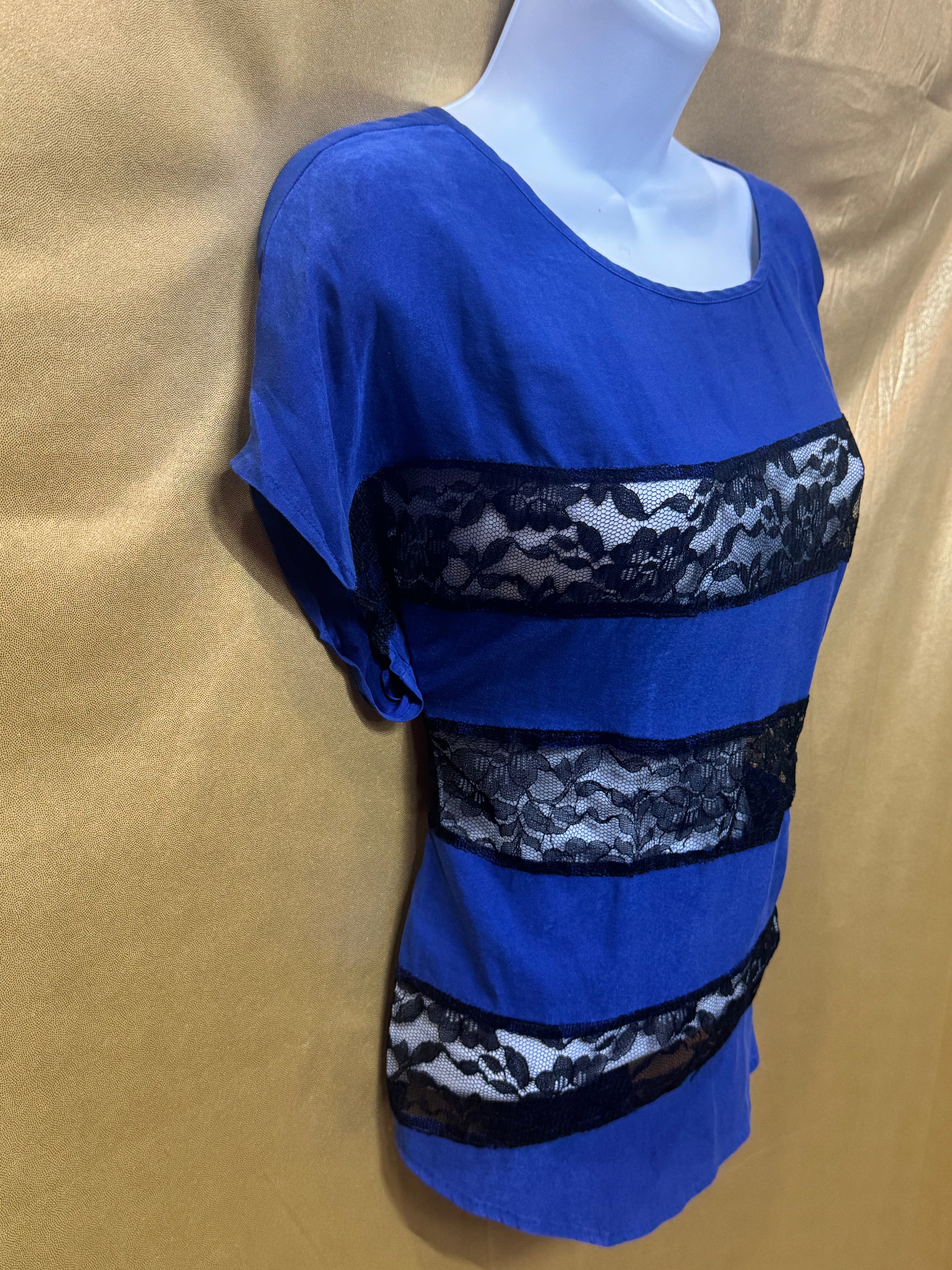 Express Royal Blue Lace Stripe Short Sleeve Blouse Size XS
