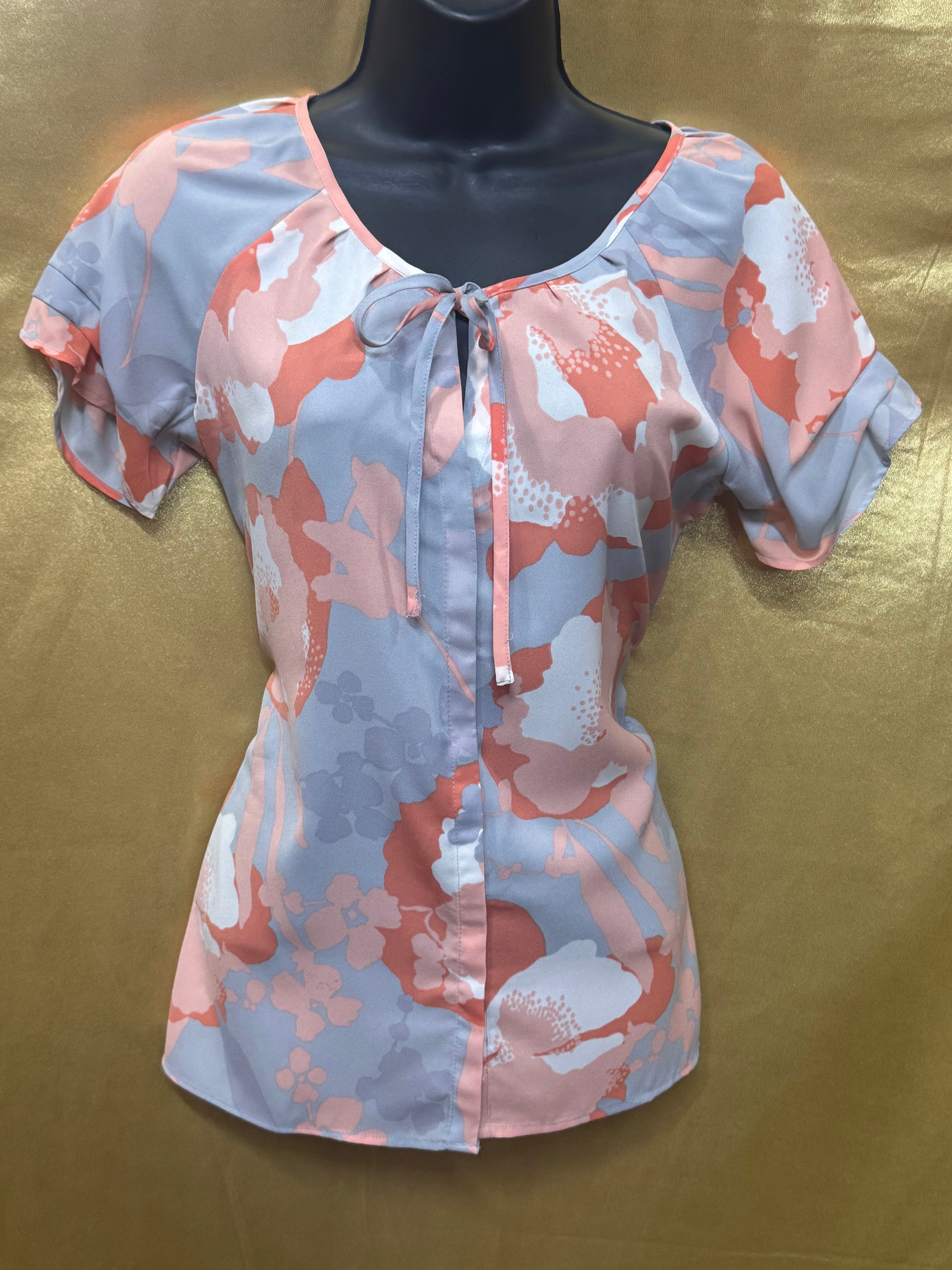 Banana Republic Floral Tie-Neck Short Sleeve Blouse - Size XS