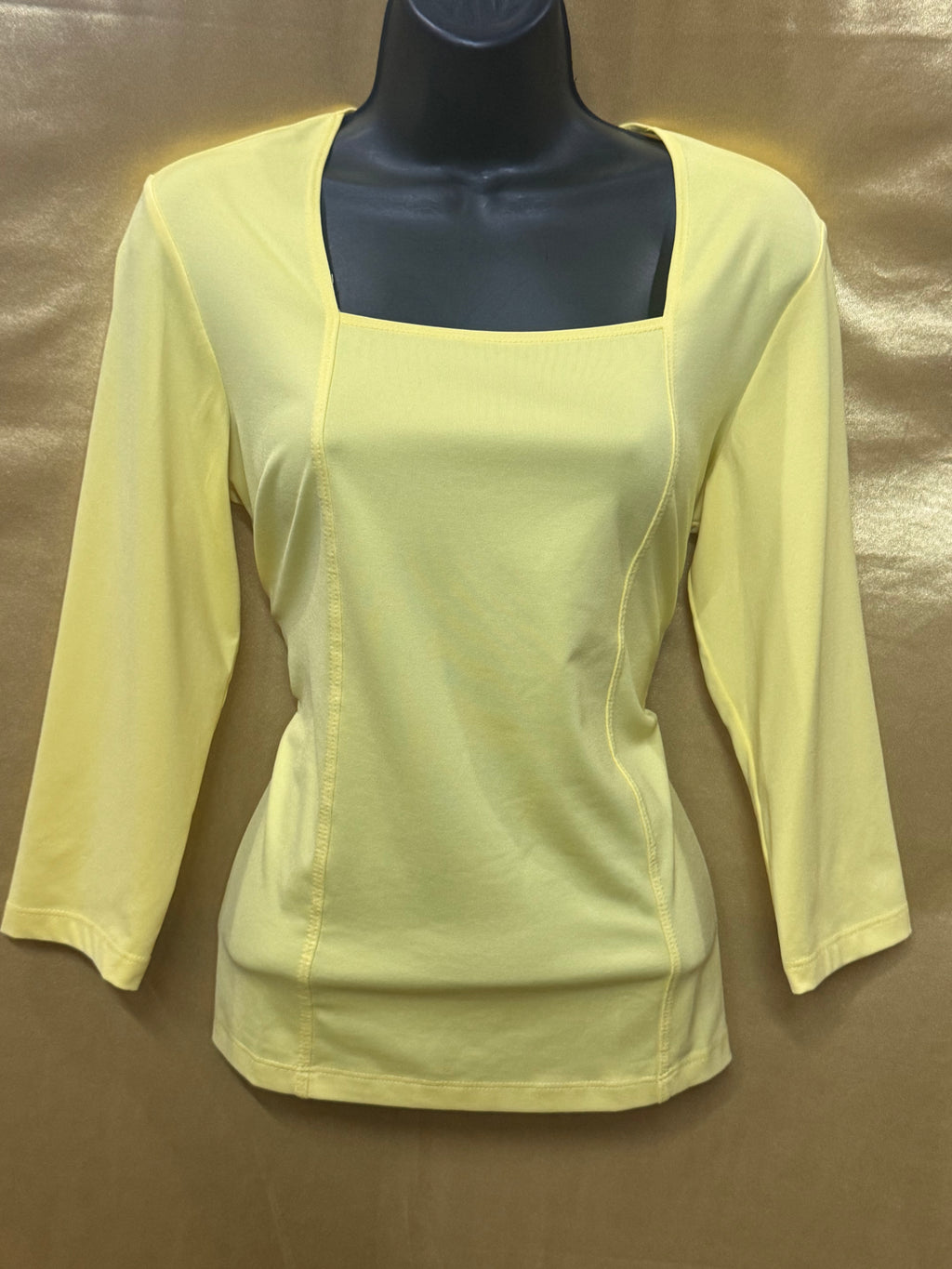 Susan Graver Liquid Knit Pale Yellow Square Neck 3/4 Sleeve Top - XS USA
