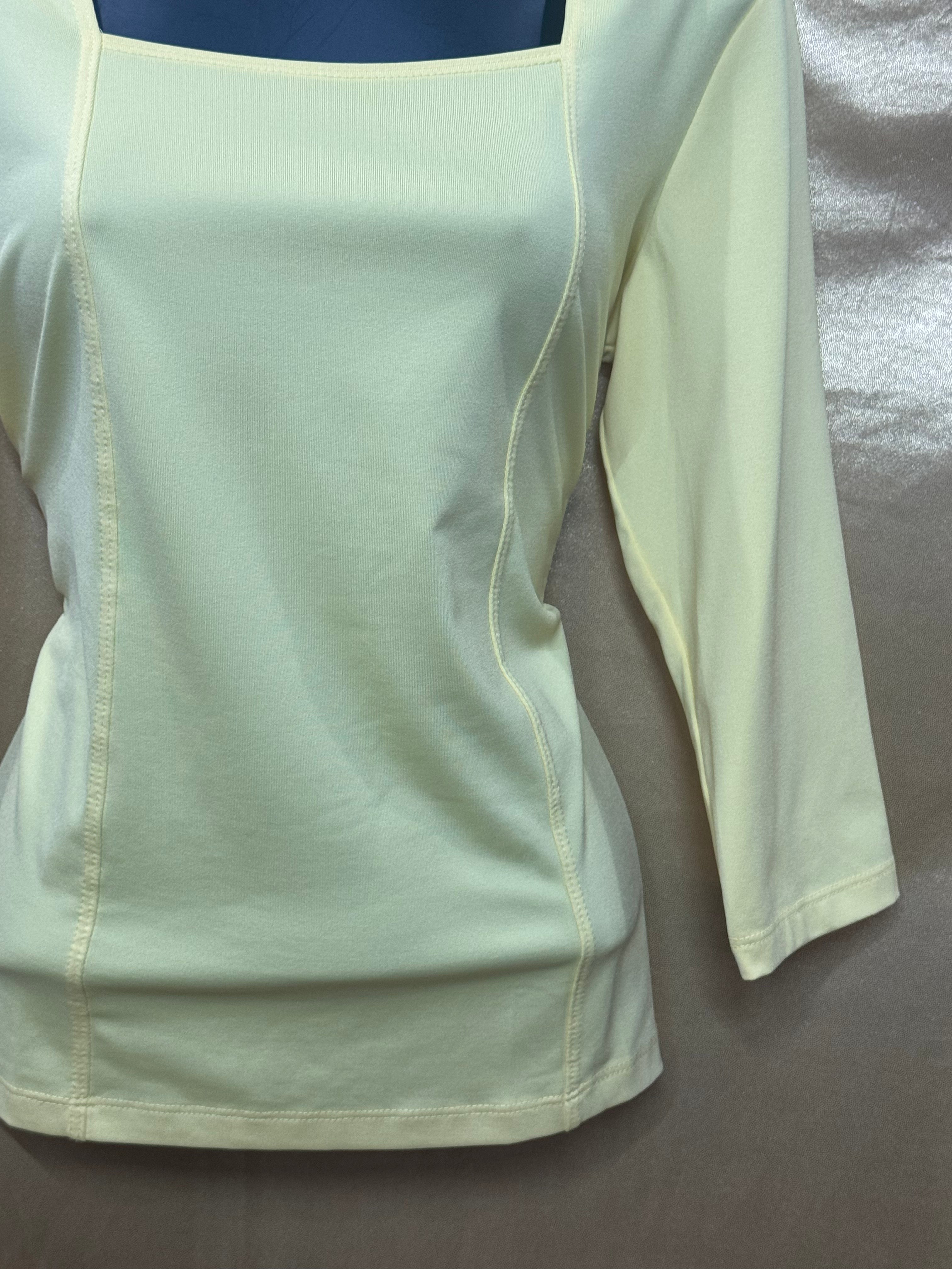 Susan Graver Liquid Knit Pale Yellow Square Neck 3/4 Sleeve Top - XS USA