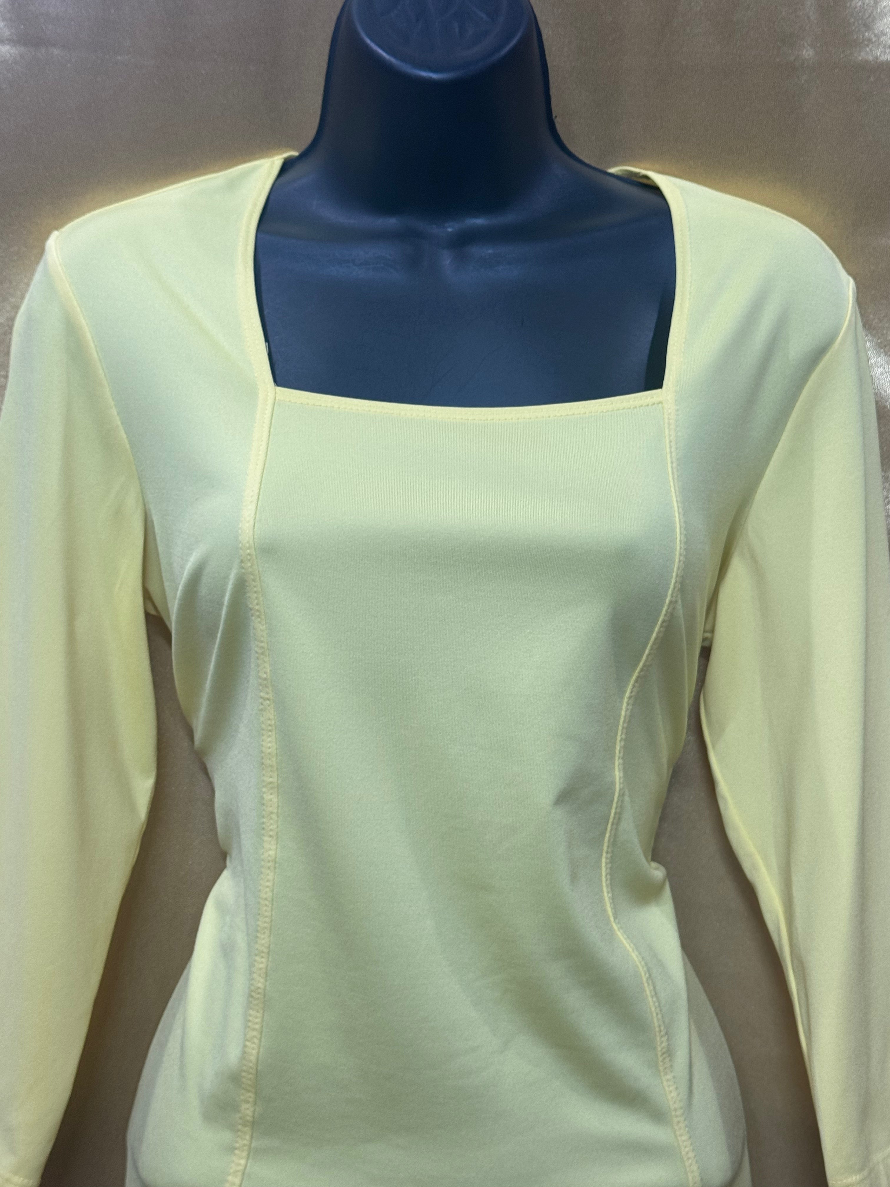 Susan Graver Liquid Knit Pale Yellow Square Neck 3/4 Sleeve Top - XS USA