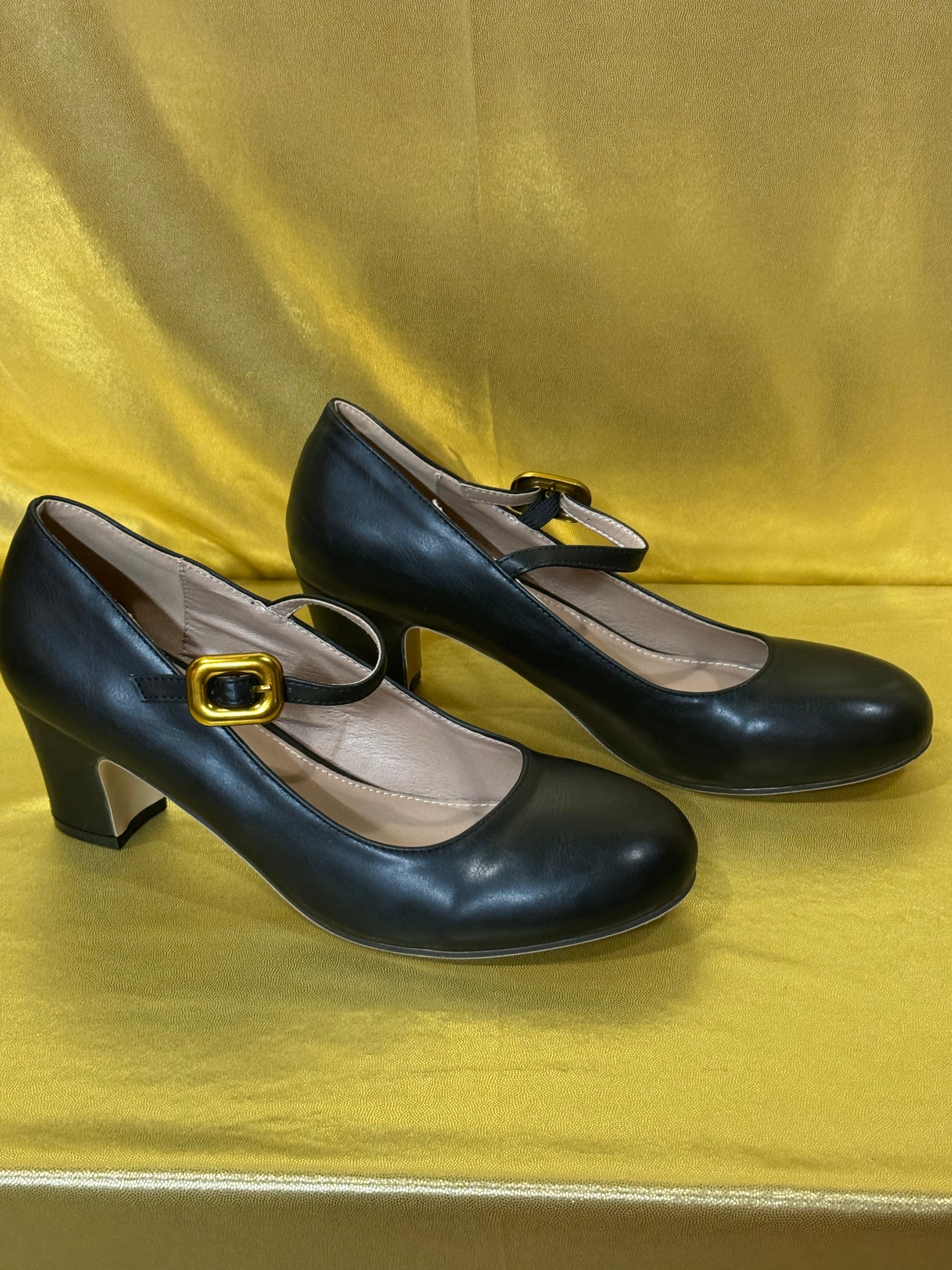 Vintage Style Black Mary Jane Block Heels — Size 42