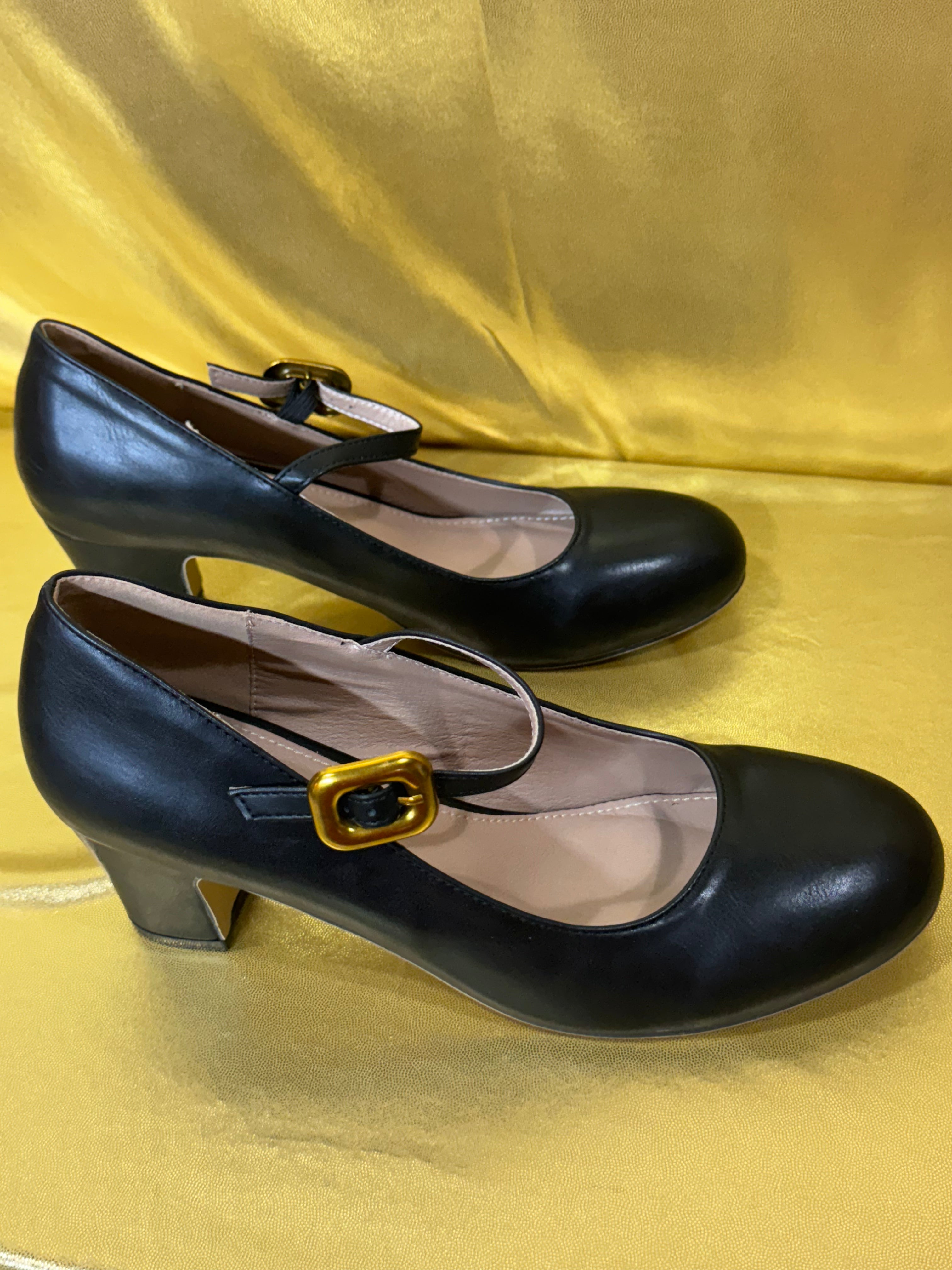 Vintage Style Black Mary Jane Block Heels — Size 42
