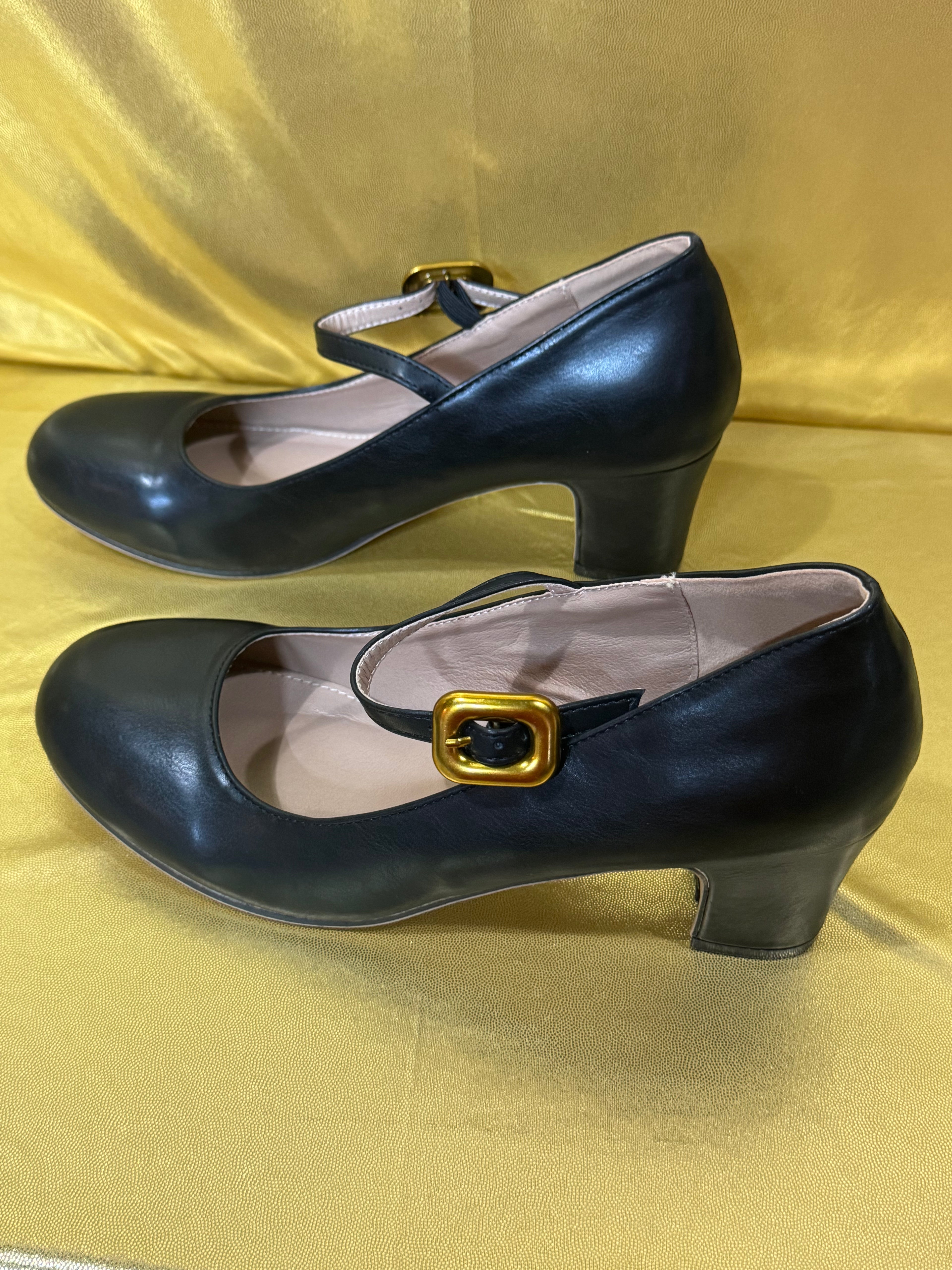 Vintage Style Black Mary Jane Block Heels — Size 42