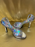 Vintage Y2K Seventeen Metallic Silver Strappy Heels with Holographic Iridescent Insoles – Size 8.5