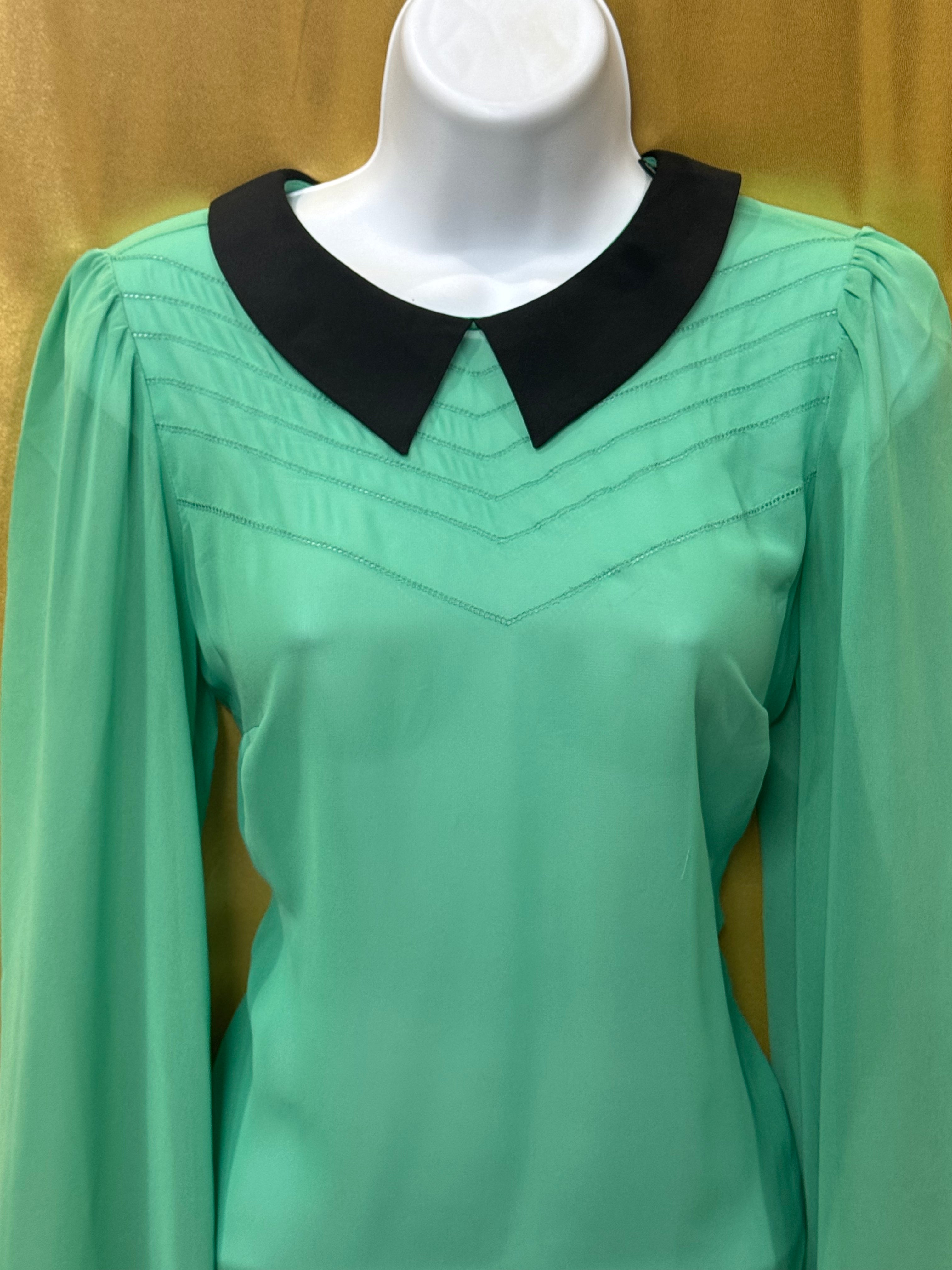 Vintage-Vibe Green Chiffon Long Sleeve Blouse by Allen B. Size XS