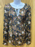 LOFT Floral Peasant Blouse XS Olive Green Navy Mauve Boho Tie Neck Top Size XS