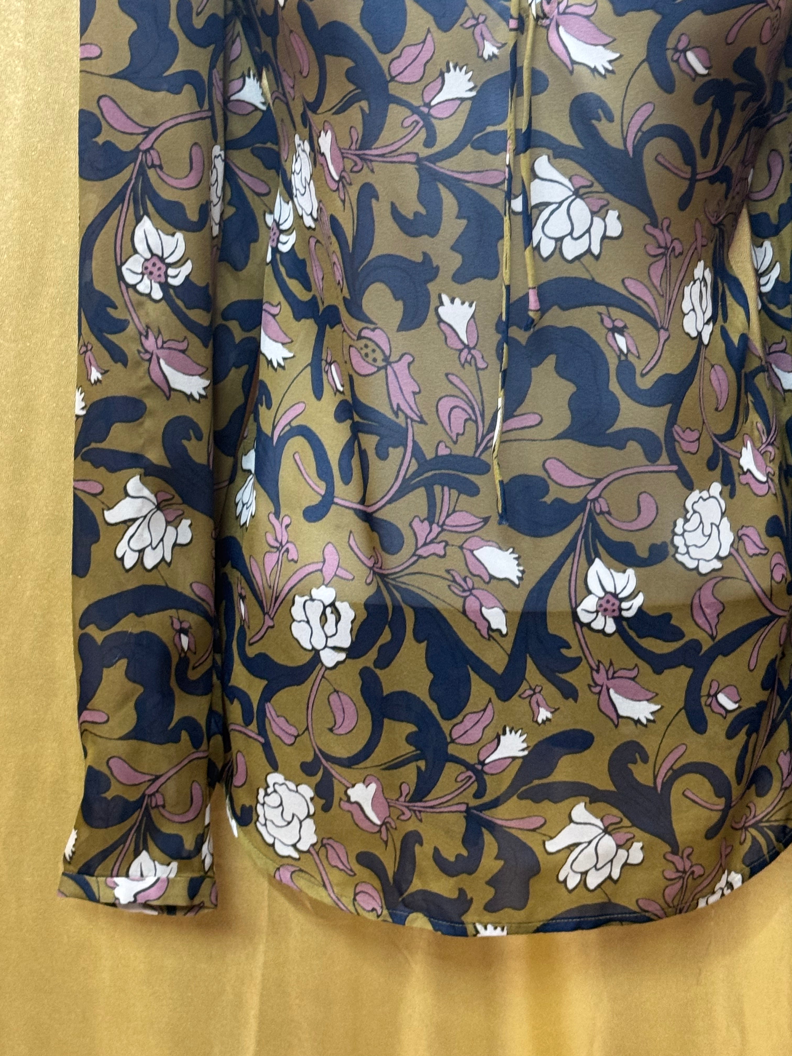LOFT Floral Peasant Blouse XS Olive Green Navy Mauve Boho Tie Neck Top Size XS
