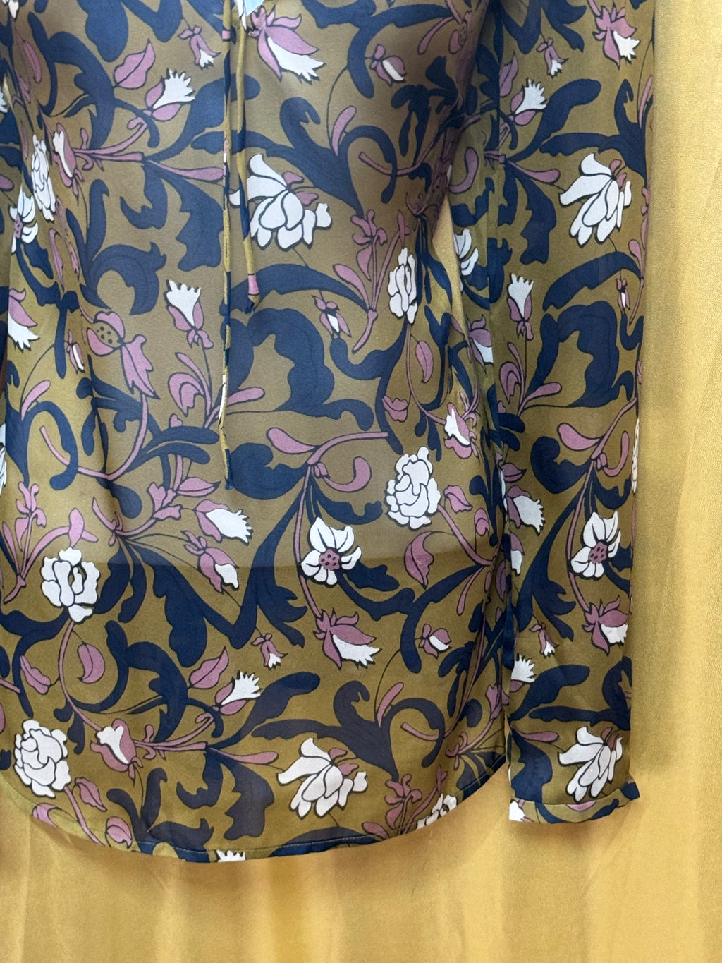 LOFT Floral Peasant Blouse XS Olive Green Navy Mauve Boho Tie Neck Top Size XS