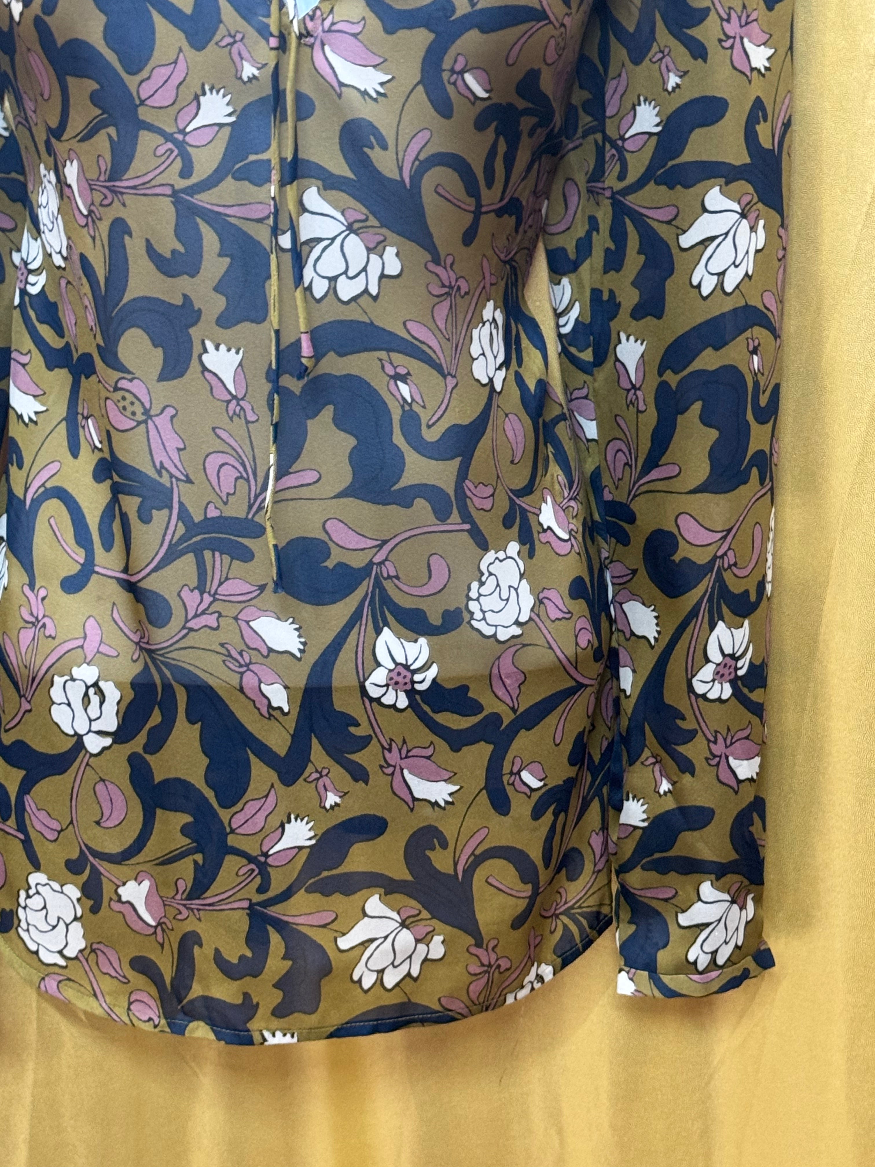 LOFT Floral Peasant Blouse XS Olive Green Navy Mauve Boho Tie Neck Top Size XS