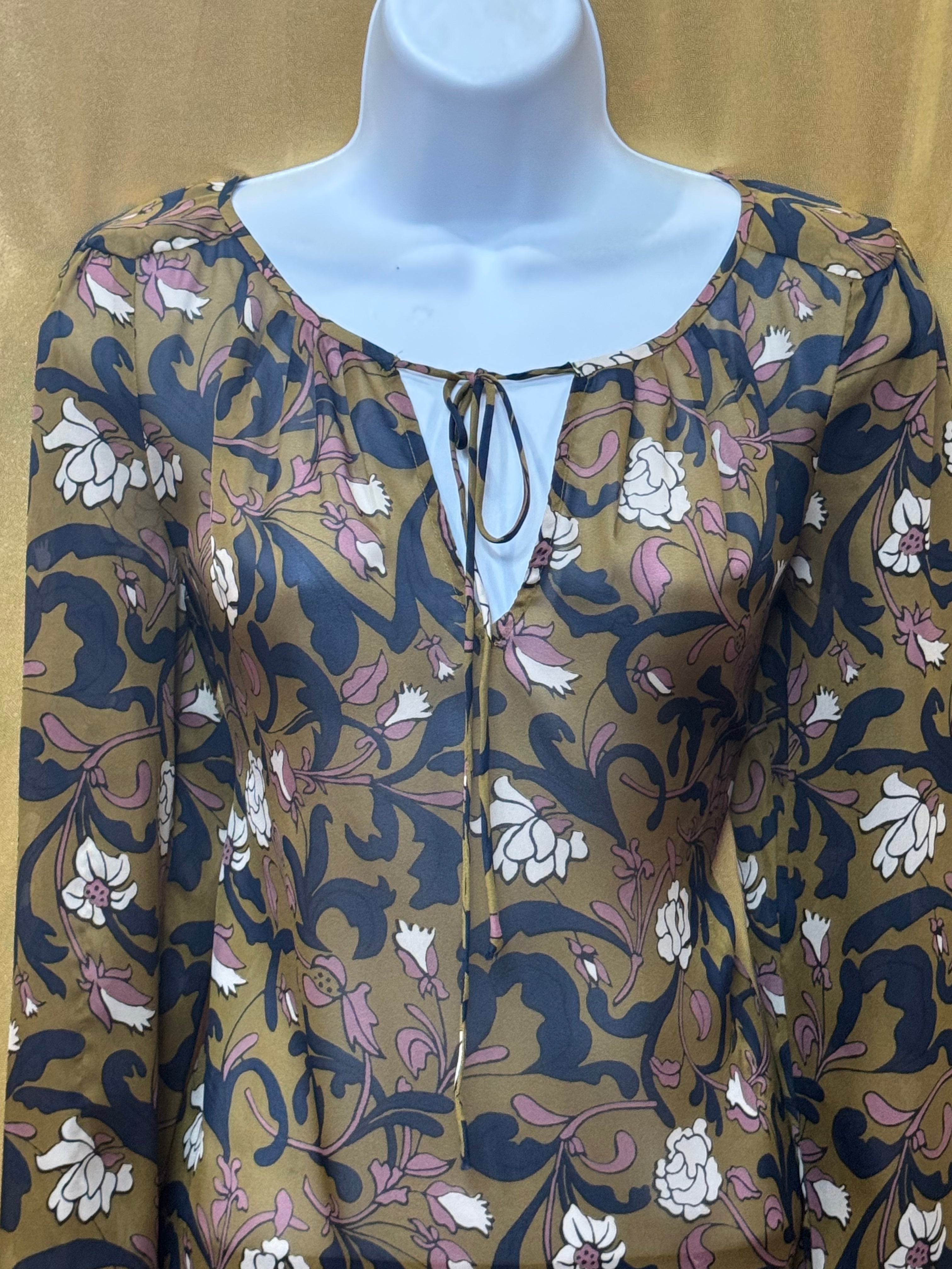 LOFT Floral Peasant Blouse XS Olive Green Navy Mauve Boho Tie Neck Top Size XS
