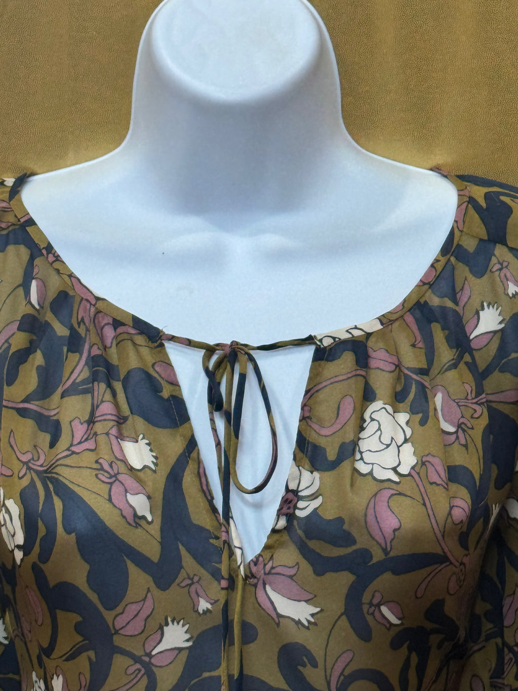LOFT Floral Peasant Blouse XS Olive Green Navy Mauve Boho Tie Neck Top Size XS