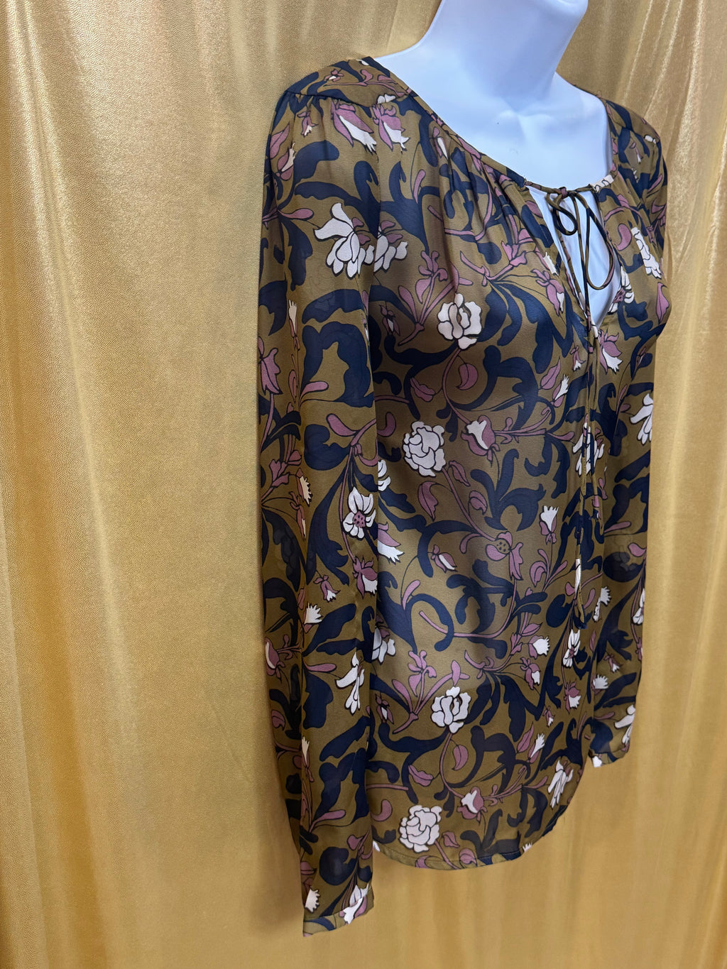 LOFT Floral Peasant Blouse XS Olive Green Navy Mauve Boho Tie Neck Top Size XS