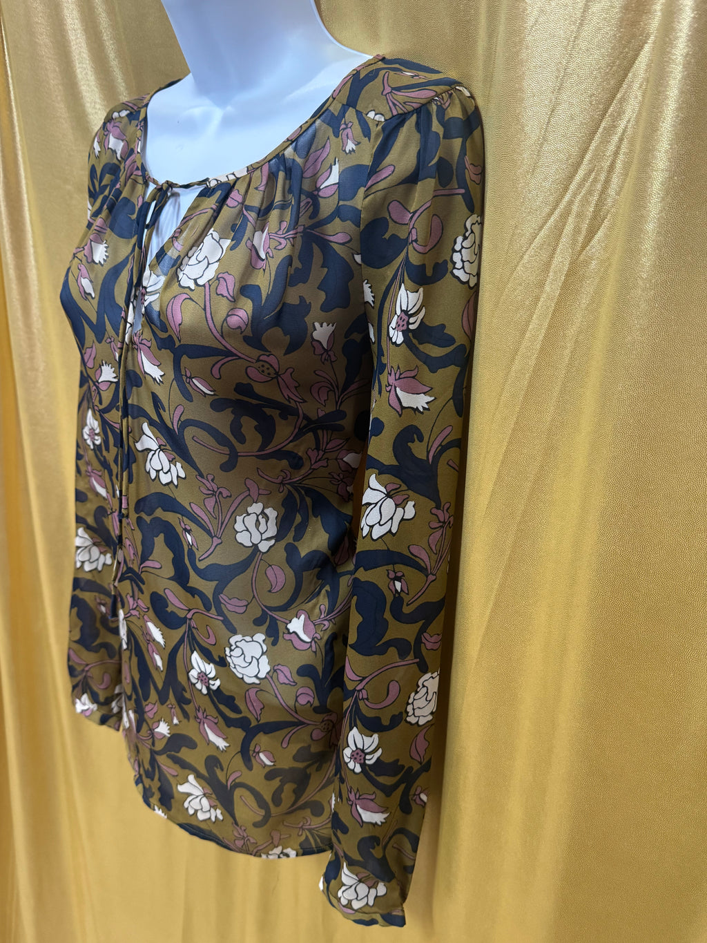 LOFT Floral Peasant Blouse XS Olive Green Navy Mauve Boho Tie Neck Top Size XS
