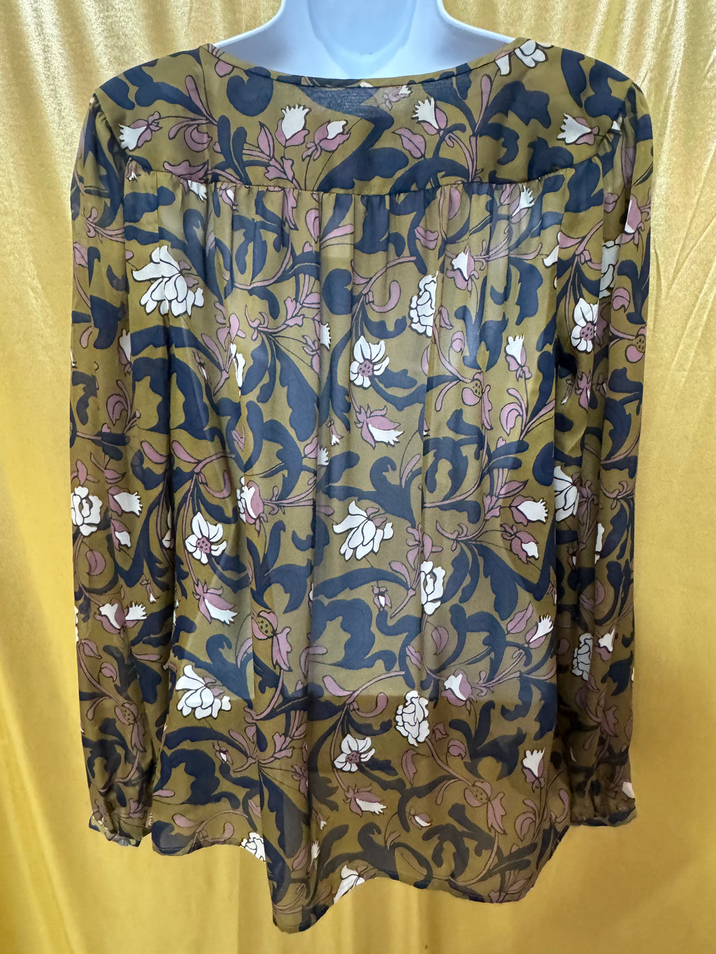 LOFT Floral Peasant Blouse XS Olive Green Navy Mauve Boho Tie Neck Top Size XS