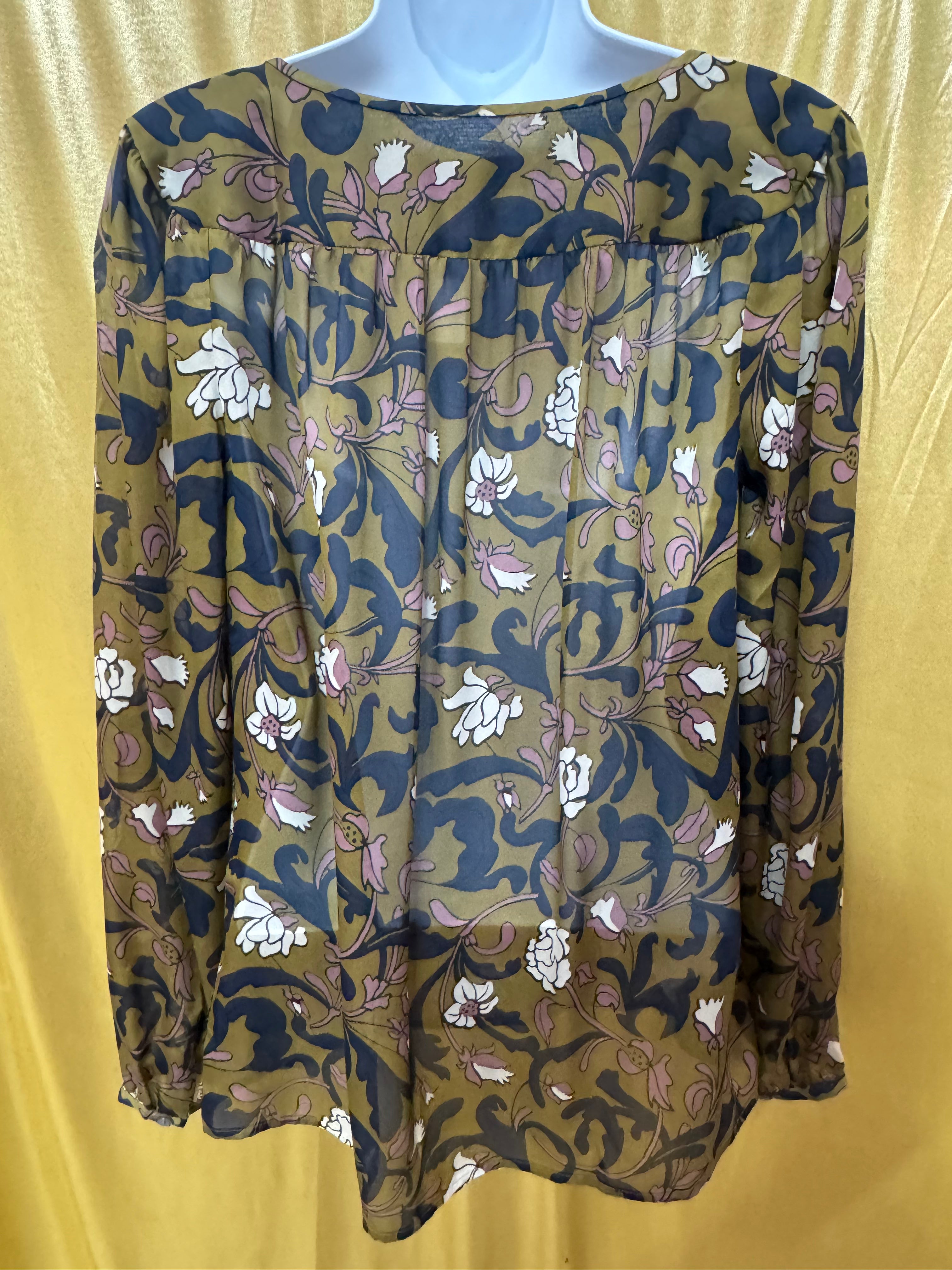 LOFT Floral Peasant Blouse XS Olive Green Navy Mauve Boho Tie Neck Top Size XS