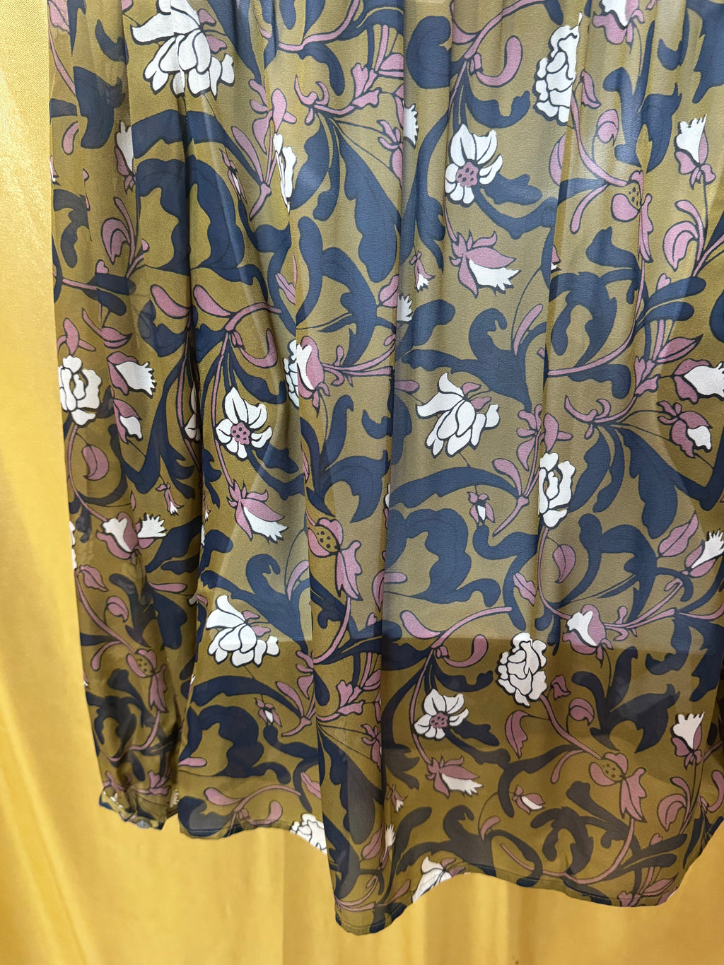 LOFT Floral Peasant Blouse XS Olive Green Navy Mauve Boho Tie Neck Top Size XS