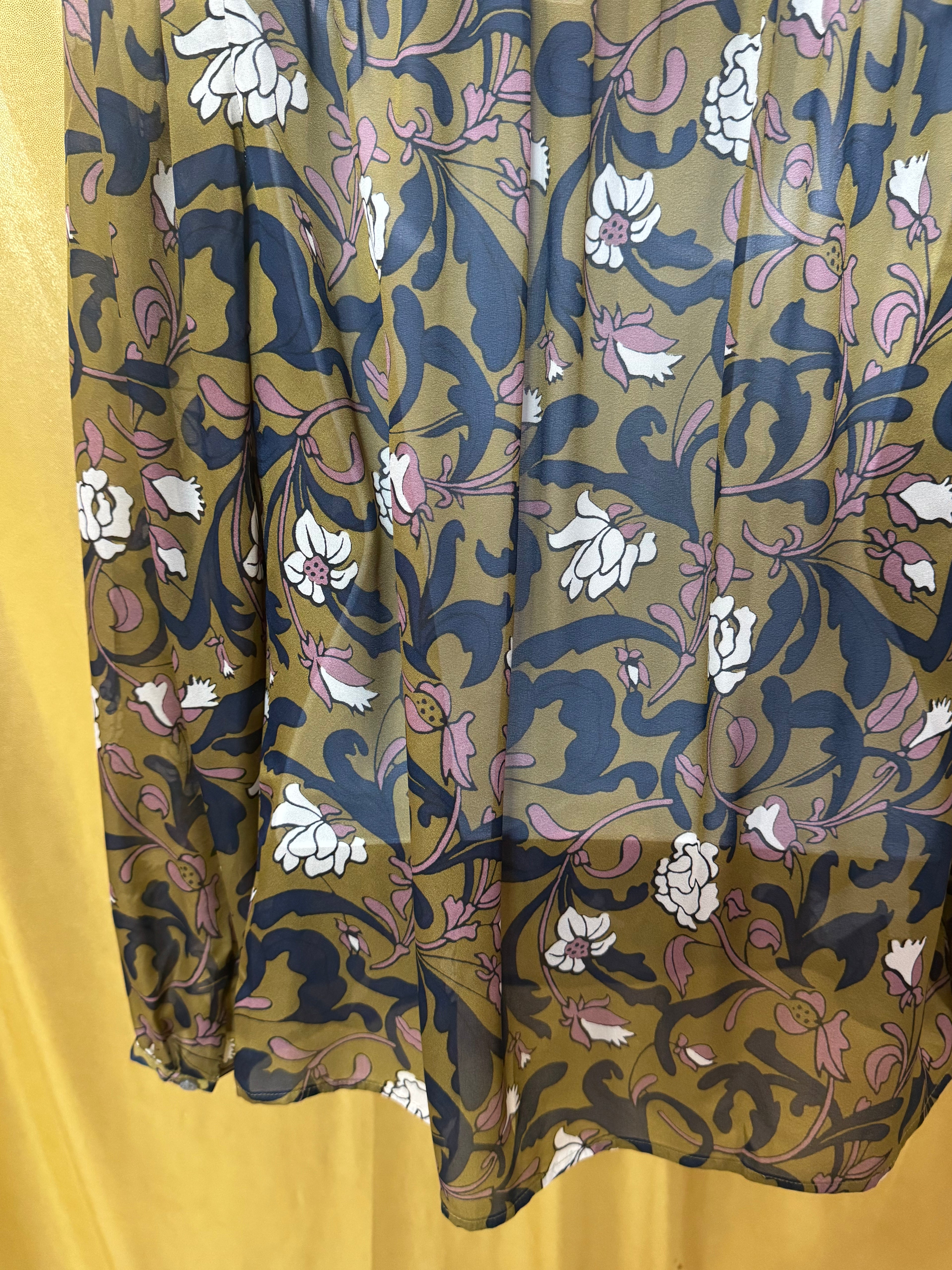 LOFT Floral Peasant Blouse XS Olive Green Navy Mauve Boho Tie Neck Top Size XS