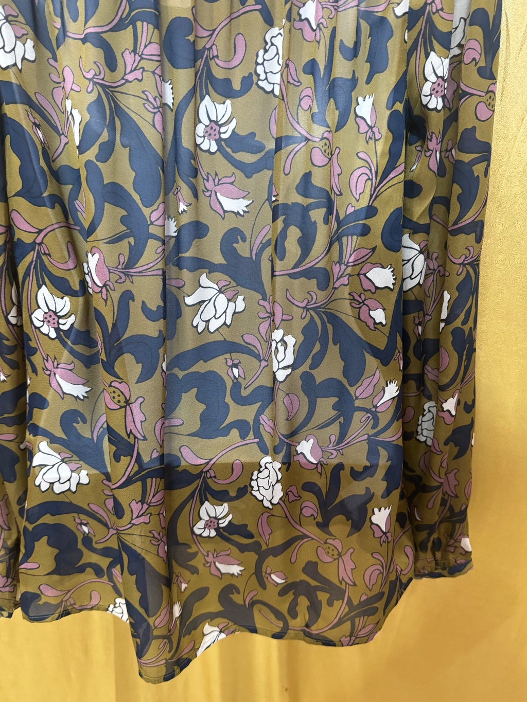 LOFT Floral Peasant Blouse XS Olive Green Navy Mauve Boho Tie Neck Top Size XS