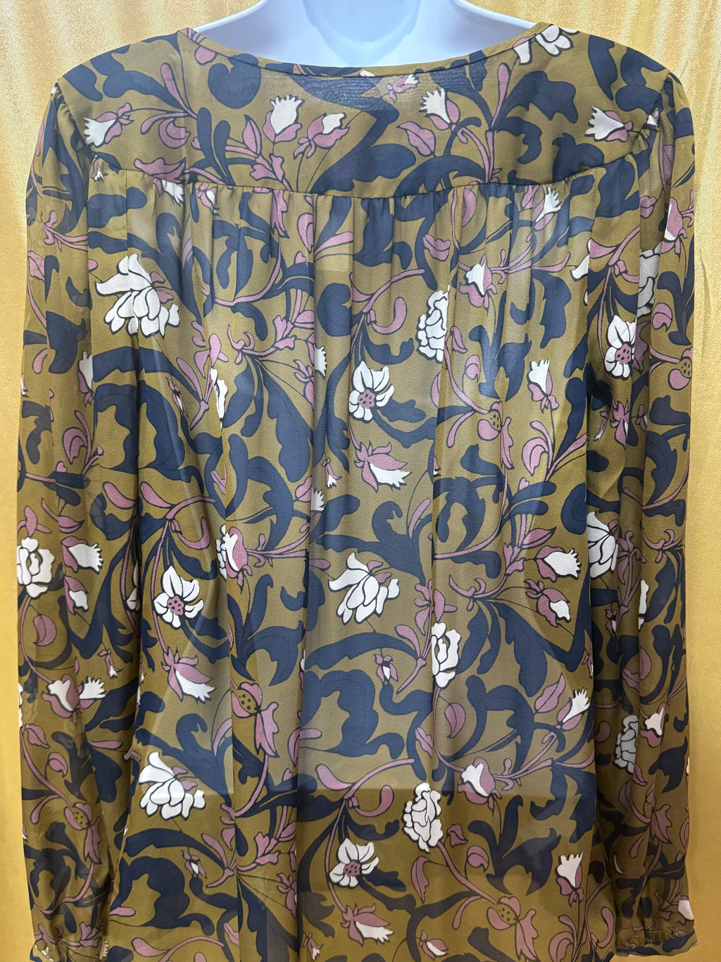 LOFT Floral Peasant Blouse XS Olive Green Navy Mauve Boho Tie Neck Top Size XS