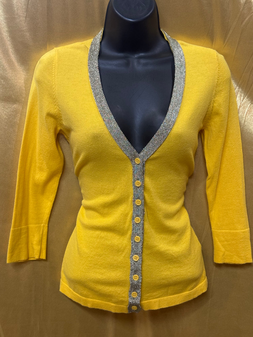 The Limited Yellow V-Neck Knit Cardigan Sweater Silver Metallic Trim Size XS