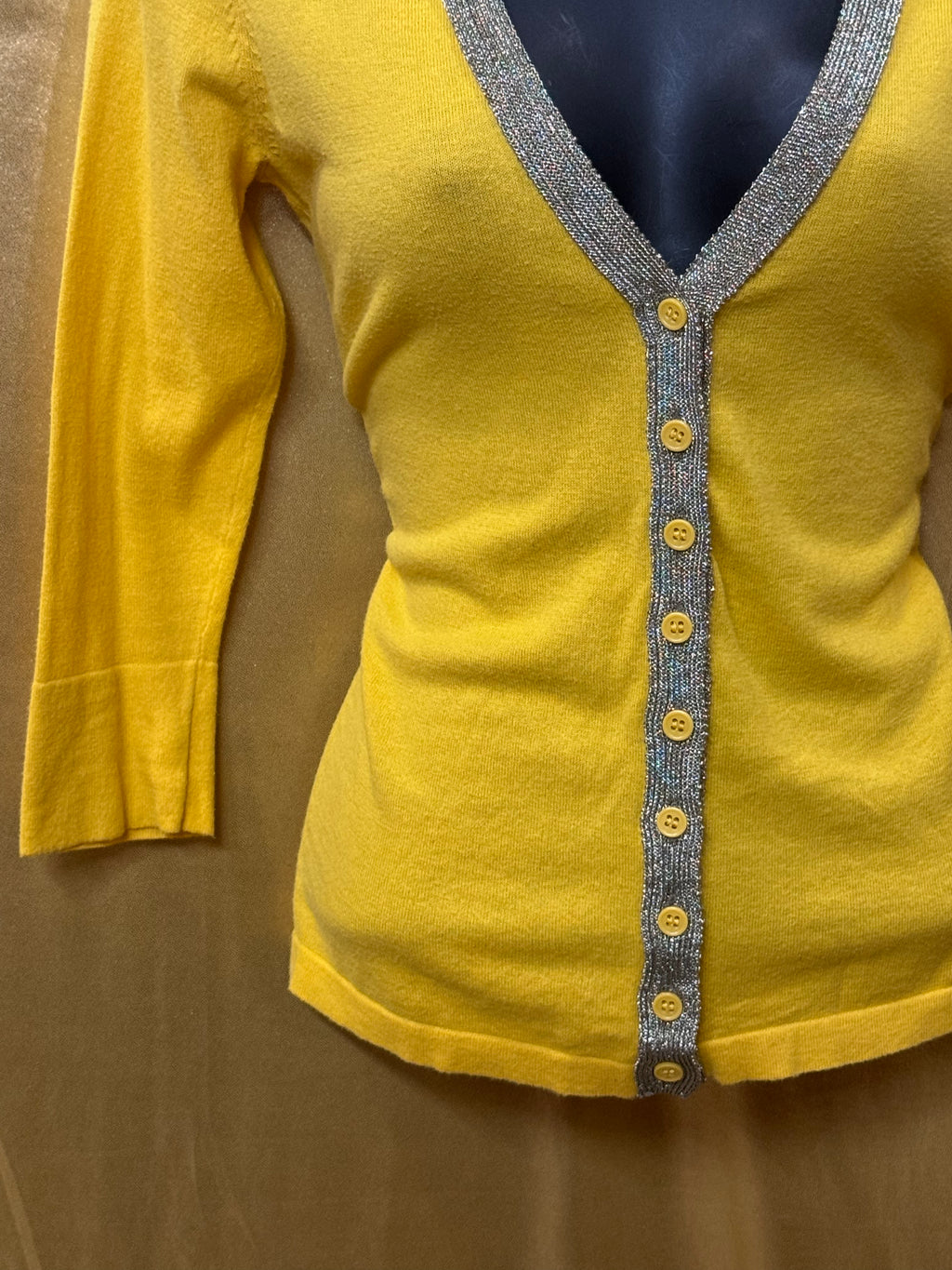 The Limited Yellow V-Neck Knit Cardigan Sweater Silver Metallic Trim Size XS