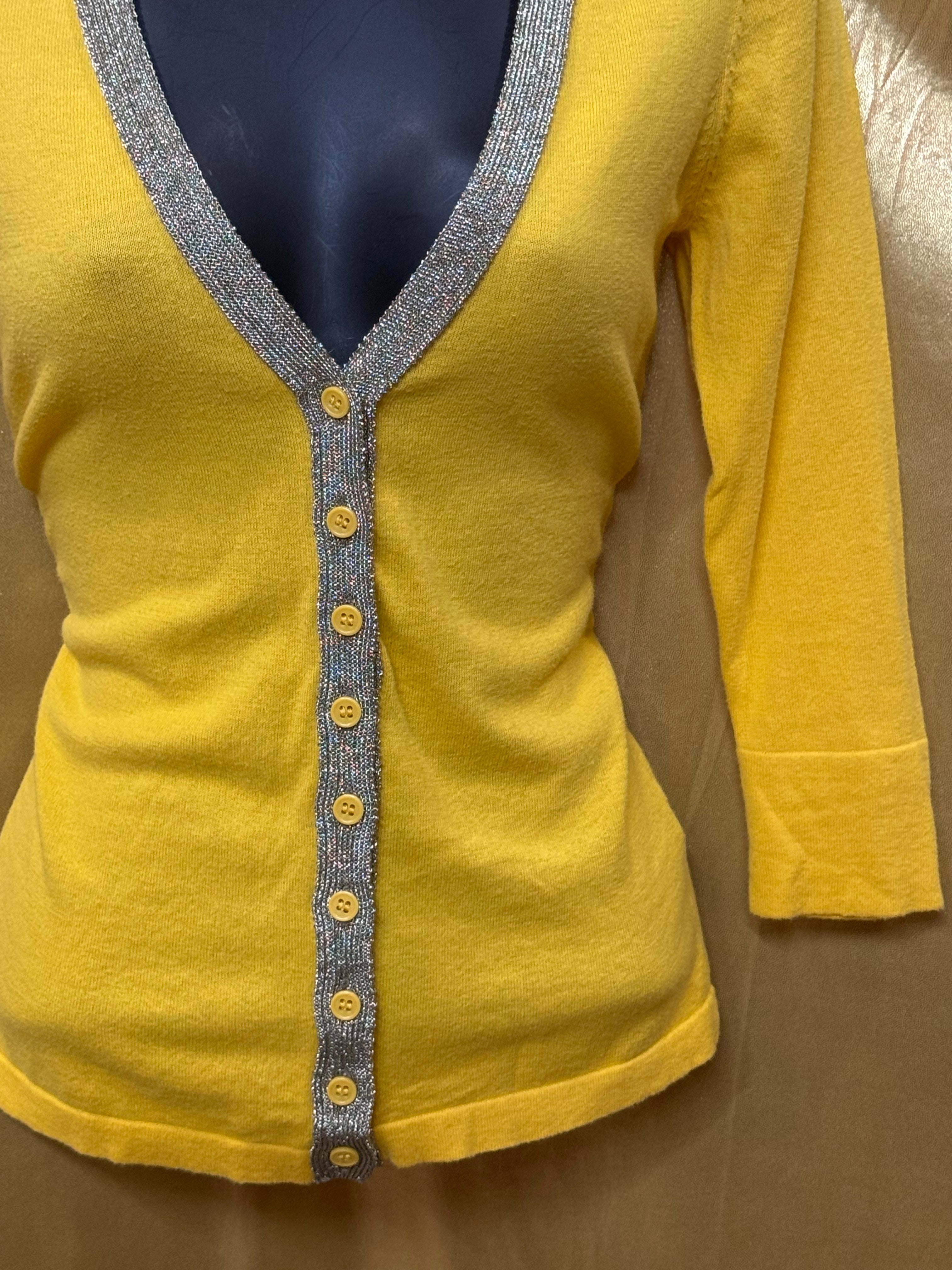The Limited Yellow V-Neck Knit Cardigan Sweater Silver Metallic Trim Size XS