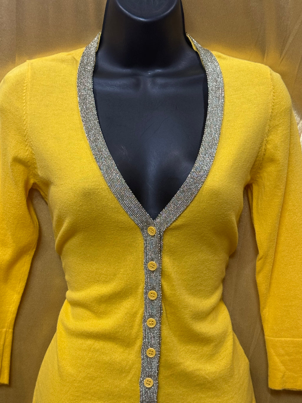 The Limited Yellow V-Neck Knit Cardigan Sweater Silver Metallic Trim Size XS