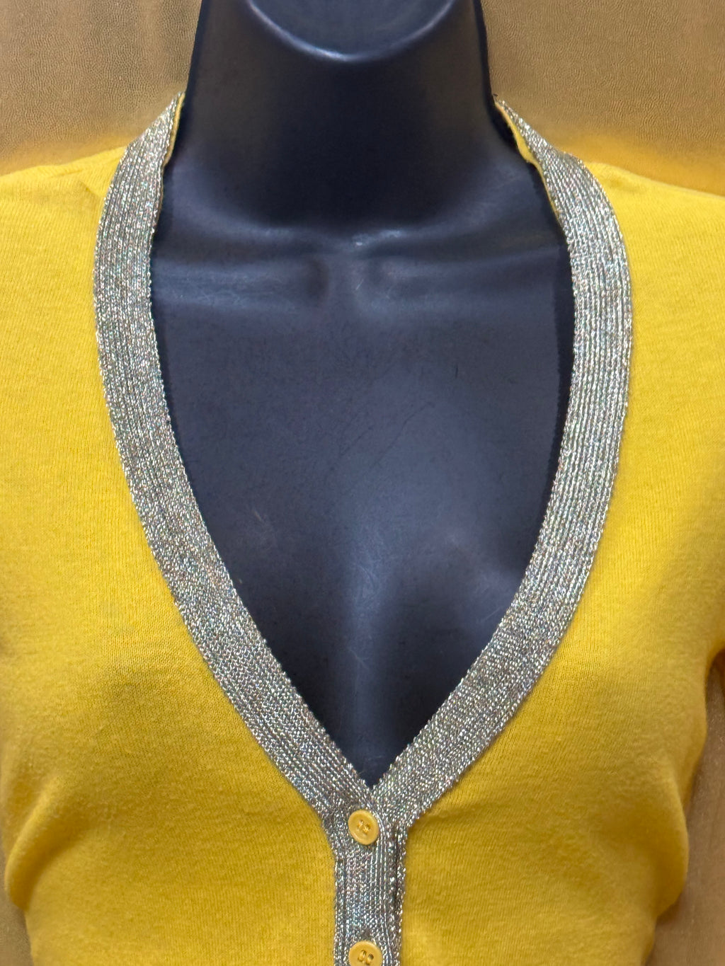 The Limited Yellow V-Neck Knit Cardigan Sweater Silver Metallic Trim Size XS