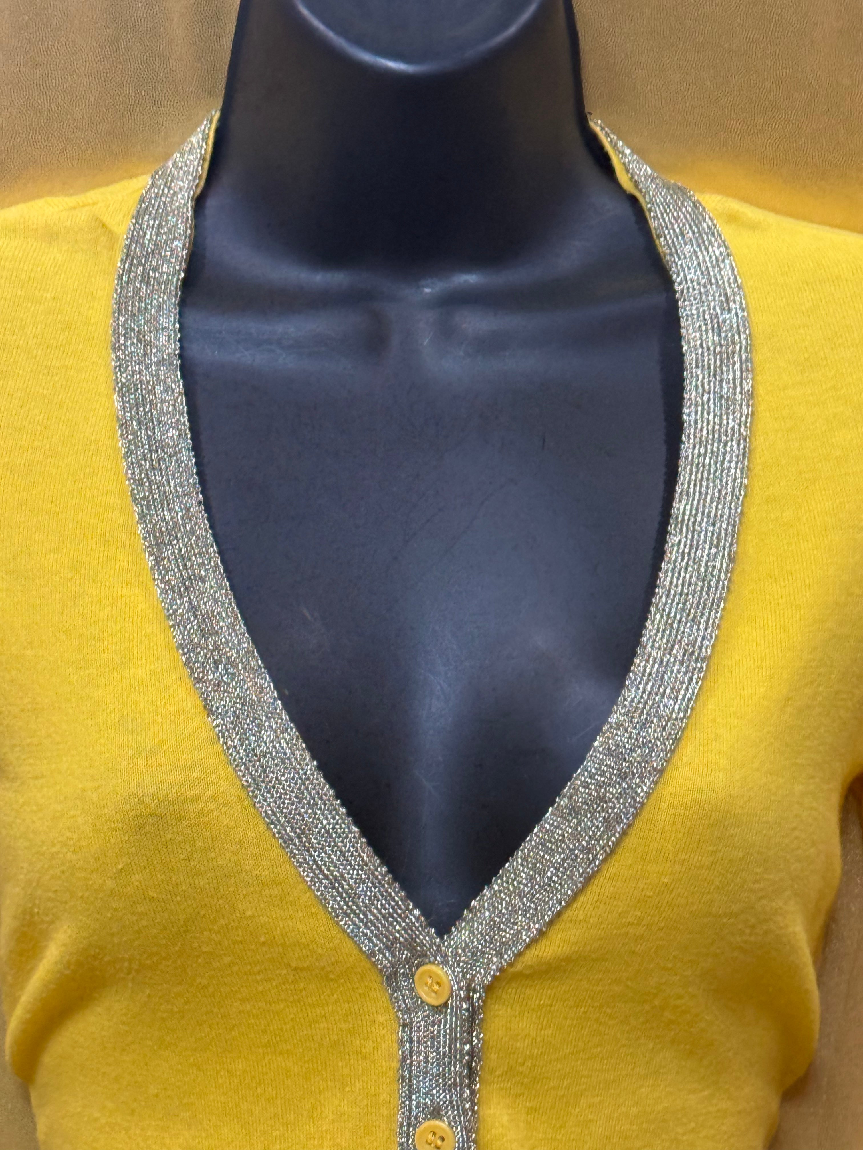 The Limited Yellow V-Neck Knit Cardigan Sweater Silver Metallic Trim Size XS