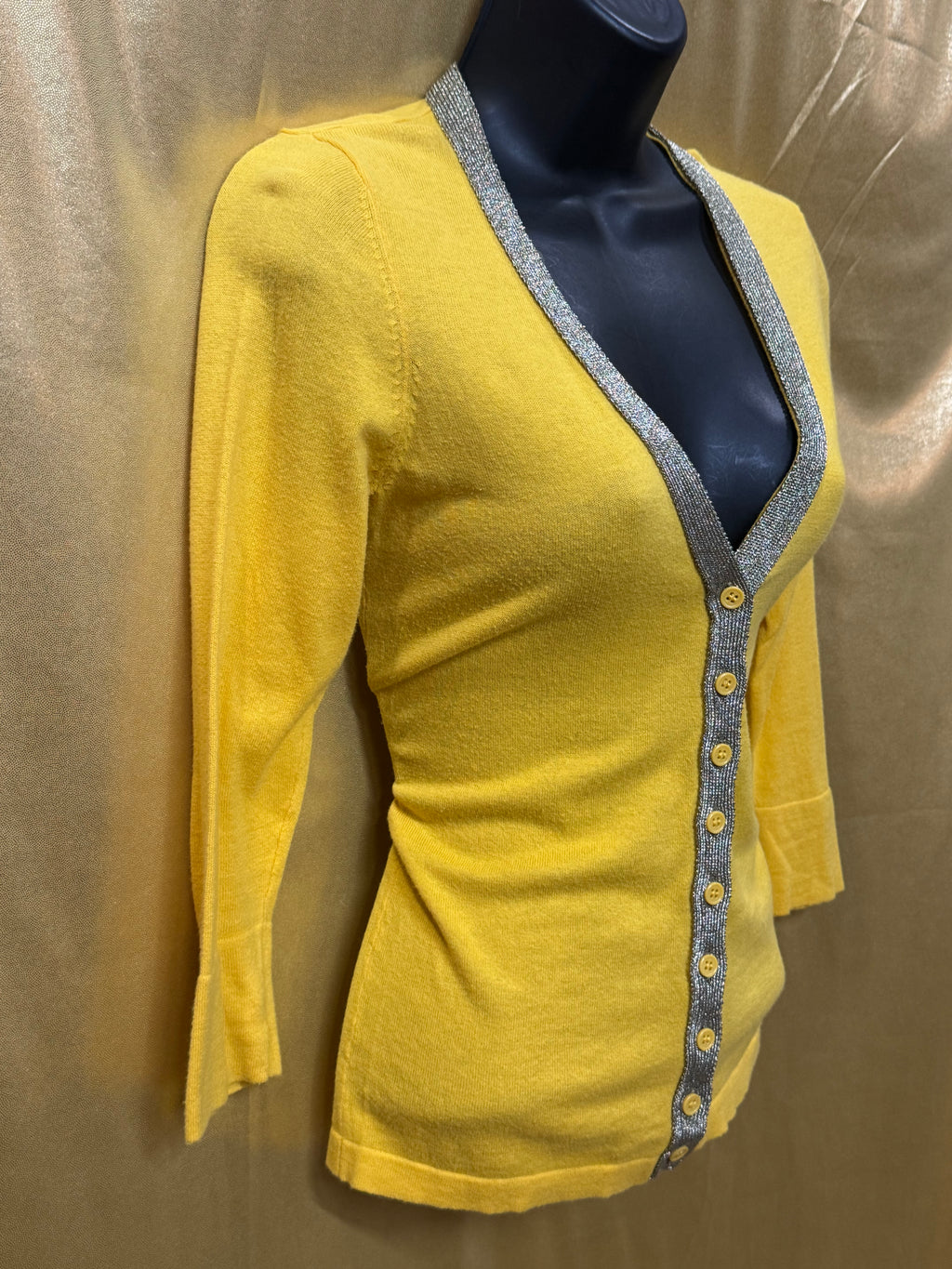 The Limited Yellow V-Neck Knit Cardigan Sweater Silver Metallic Trim Size XS