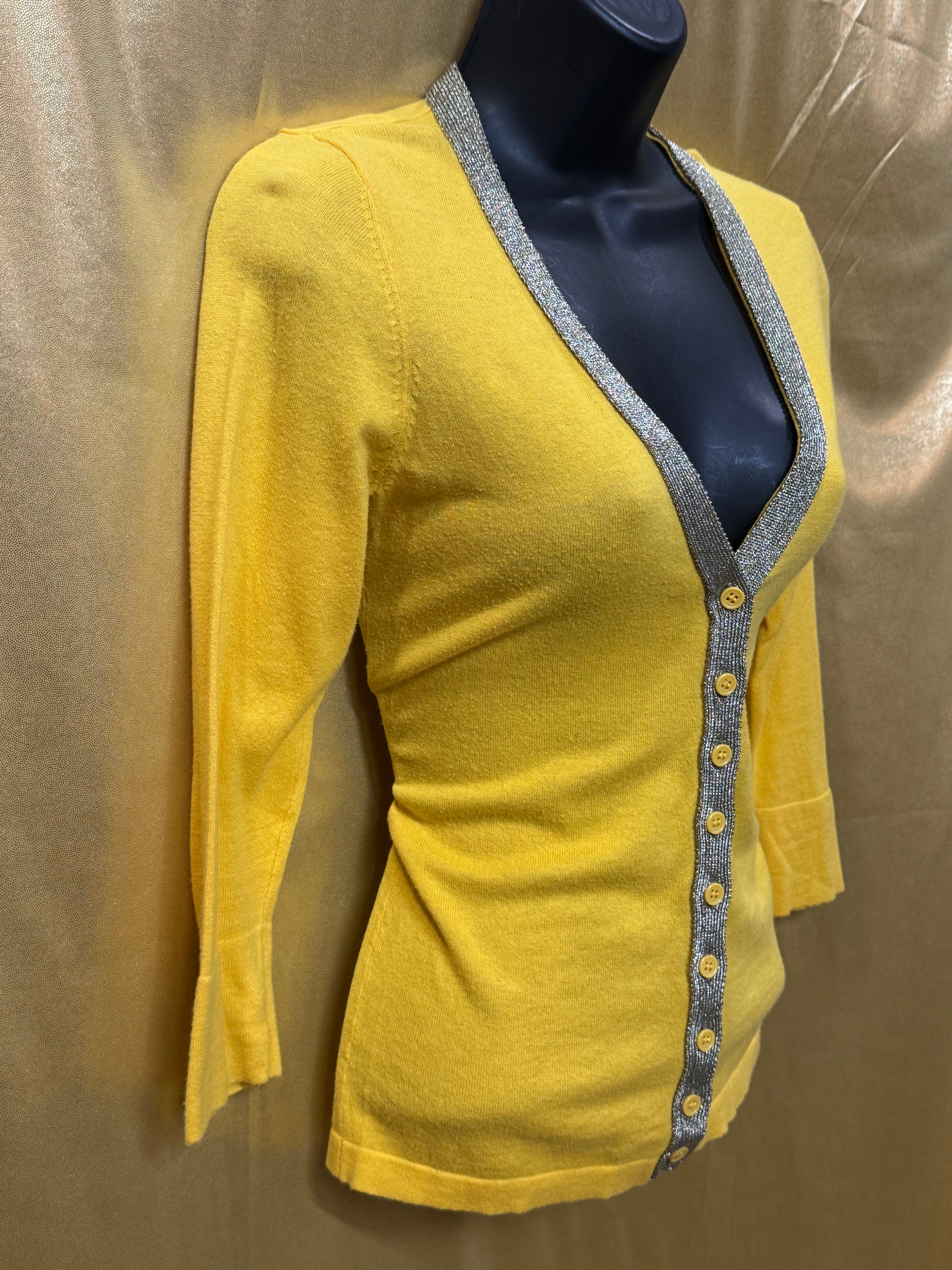 The Limited Yellow V-Neck Knit Cardigan Sweater Silver Metallic Trim Size XS