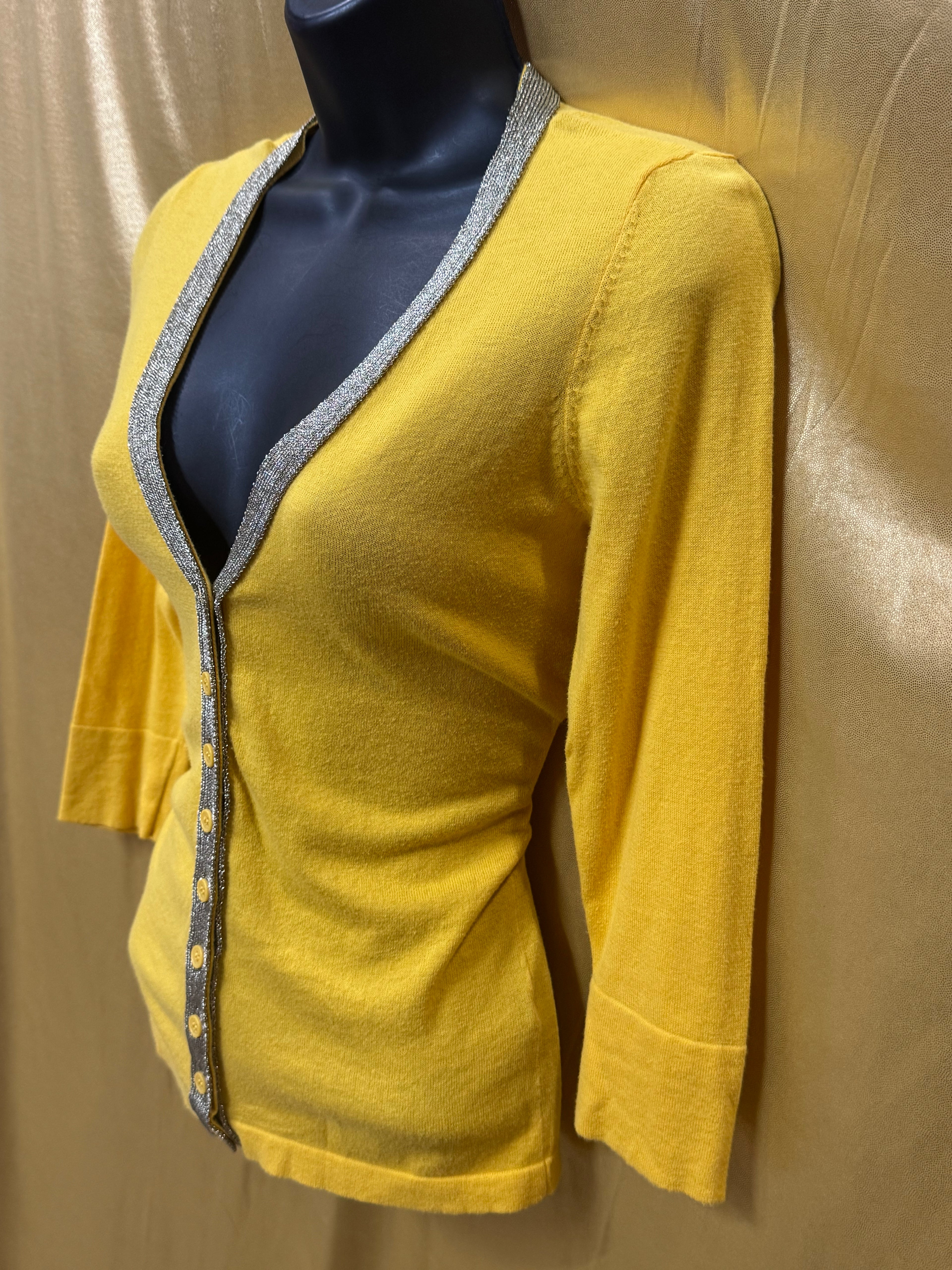 The Limited Yellow V-Neck Knit Cardigan Sweater Silver Metallic Trim Size XS