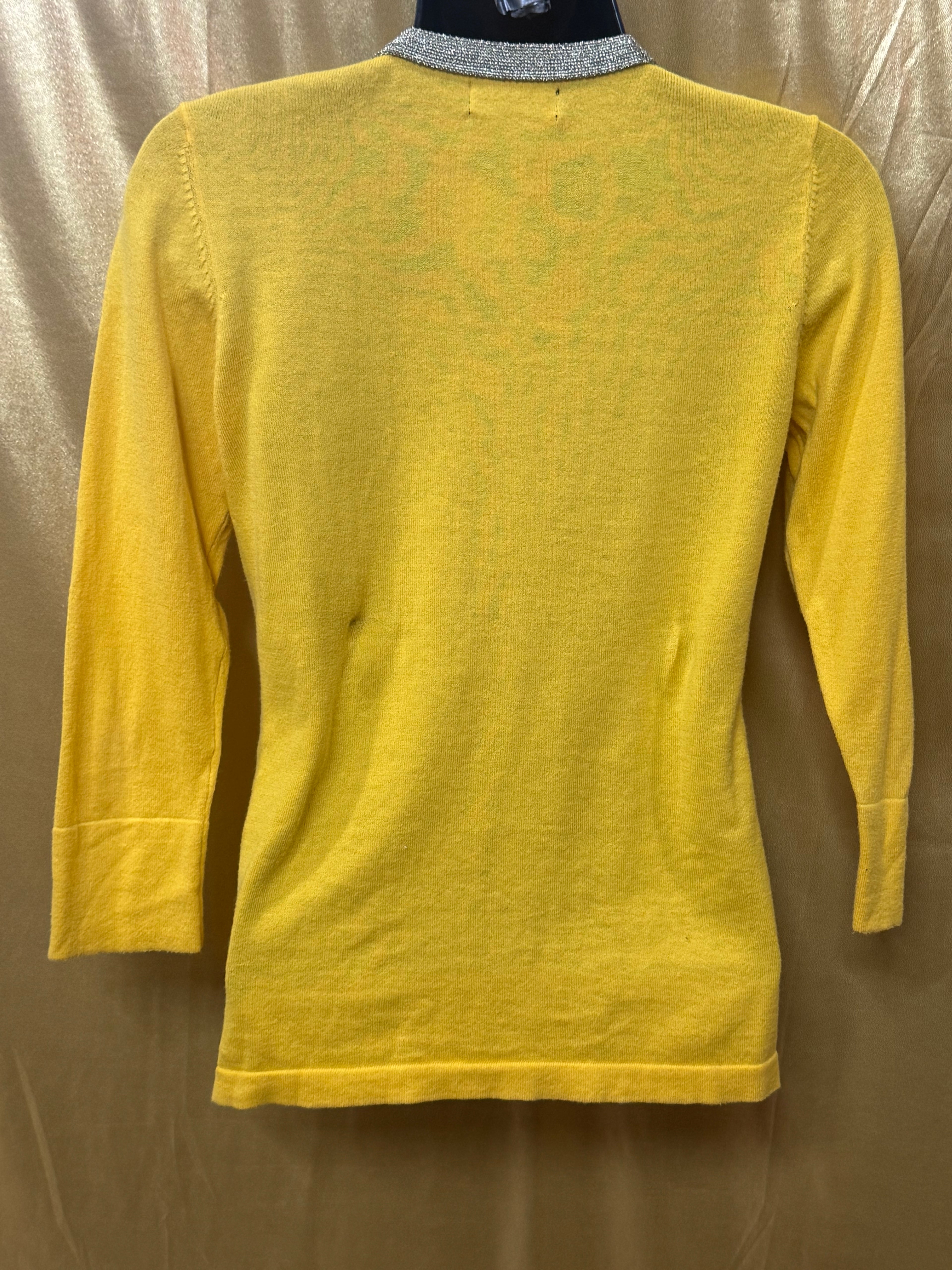 The Limited Yellow V-Neck Knit Cardigan Sweater Silver Metallic Trim Size XS