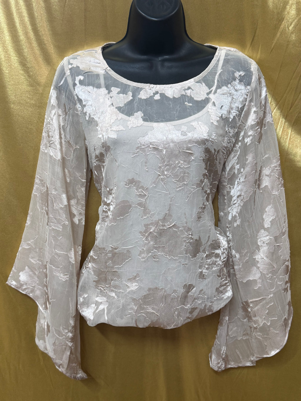 Alfani XS Champagne Burnout Floral Bell Sleeve Blouse Sheer Layered Top